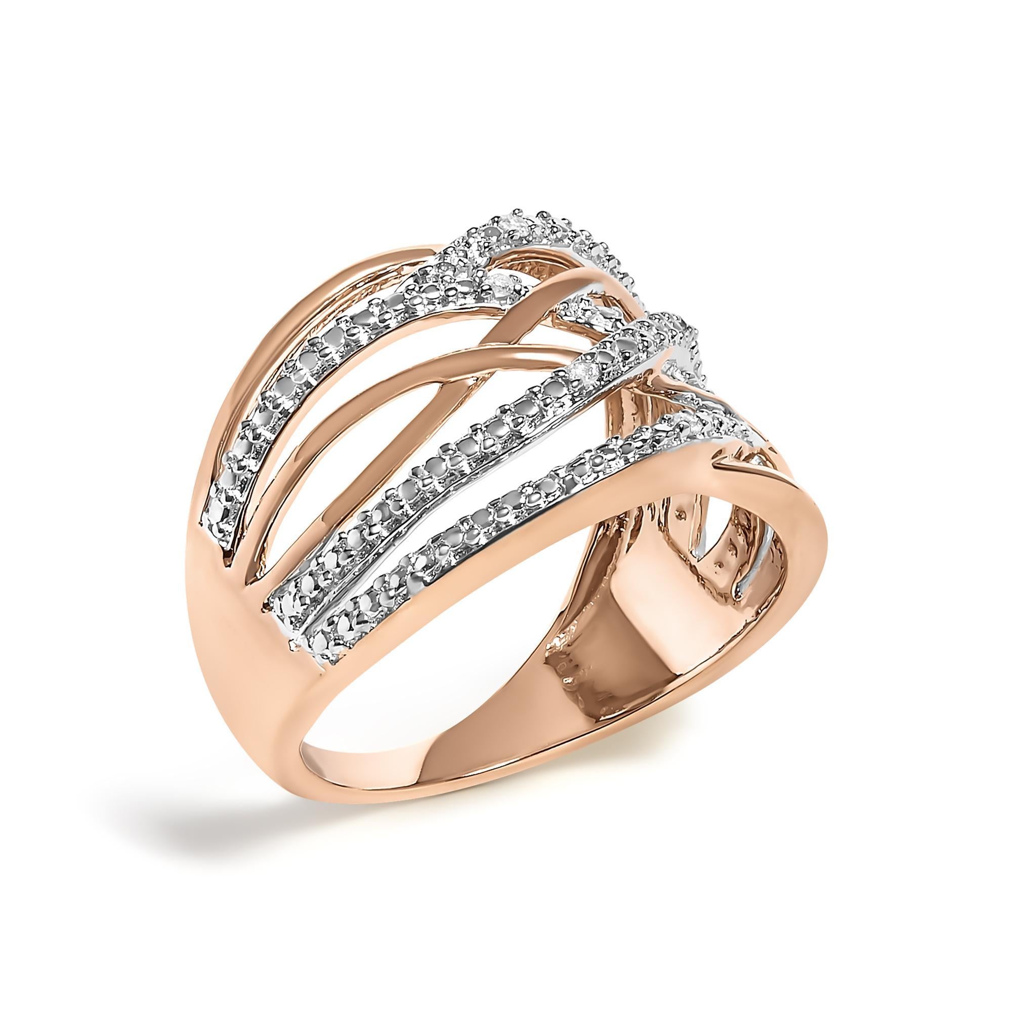 Modern 14K Rose Gold Plated .925 Sterling Silver Diamond Accent Crossover Ring For Sale