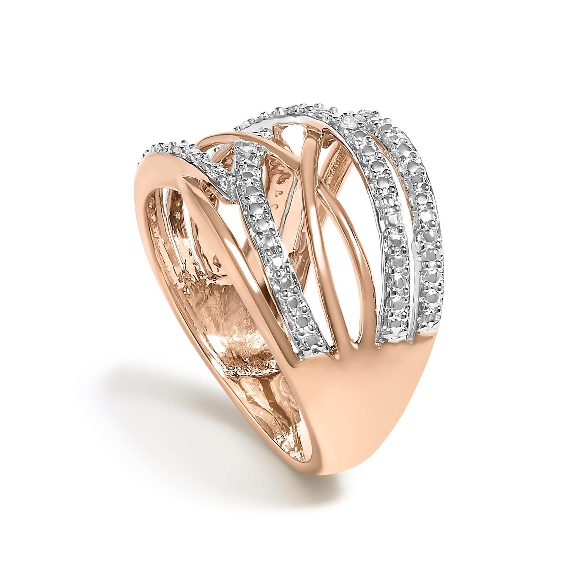 Round Cut 14K Rose Gold Plated .925 Sterling Silver Diamond Accent Crossover Ring For Sale