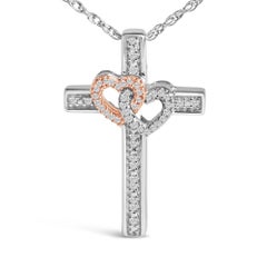 14K Rose Gold Plated Silver 1/10 Cttw Diamond Cross & Heart Pendant Necklace