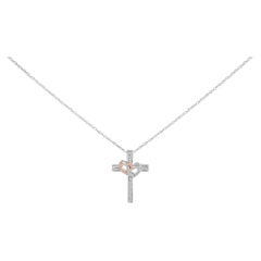 14K Rose Gold Plated Silver 1/10 Cttw Diamond Cross & Heart Pendant Necklace