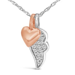 14K Rose Gold Plated Silver 1/10 Cttw Diamond Heart & Wing Pendant Necklace