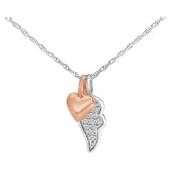14K Rose Gold Plated Silver 1/10 Cttw Diamond Heart & Wing Pendant Necklace