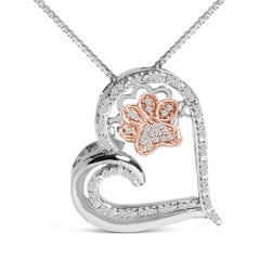 14K Rose Gold Plated Silver 1/10 Cttw Diamond Paw & Heart Pendant Necklace