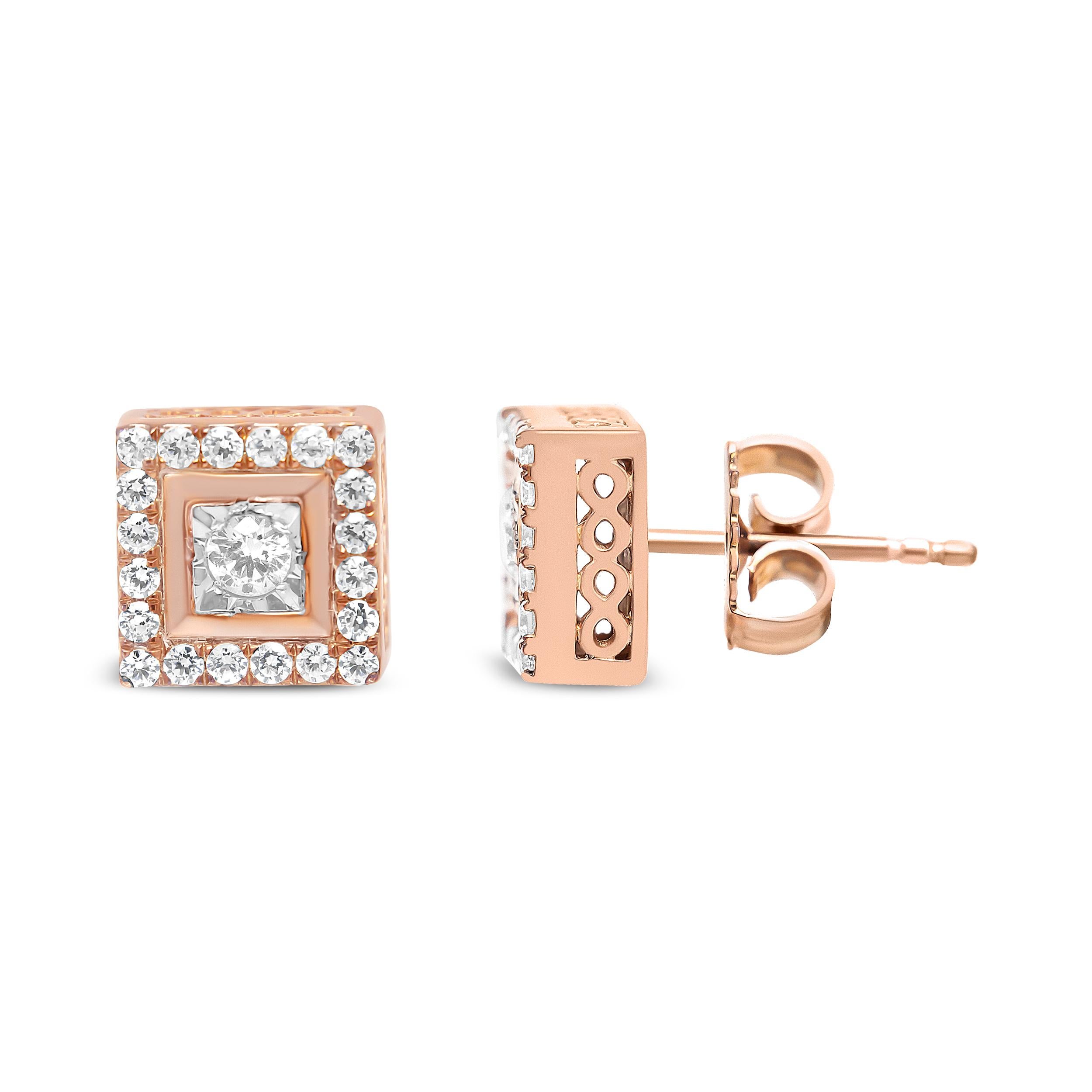 Moderno Orecchino con montatura quadrata a forma di aureola di diamanti da 1/2 carato in argento placcato oro rosa 14K in vendita