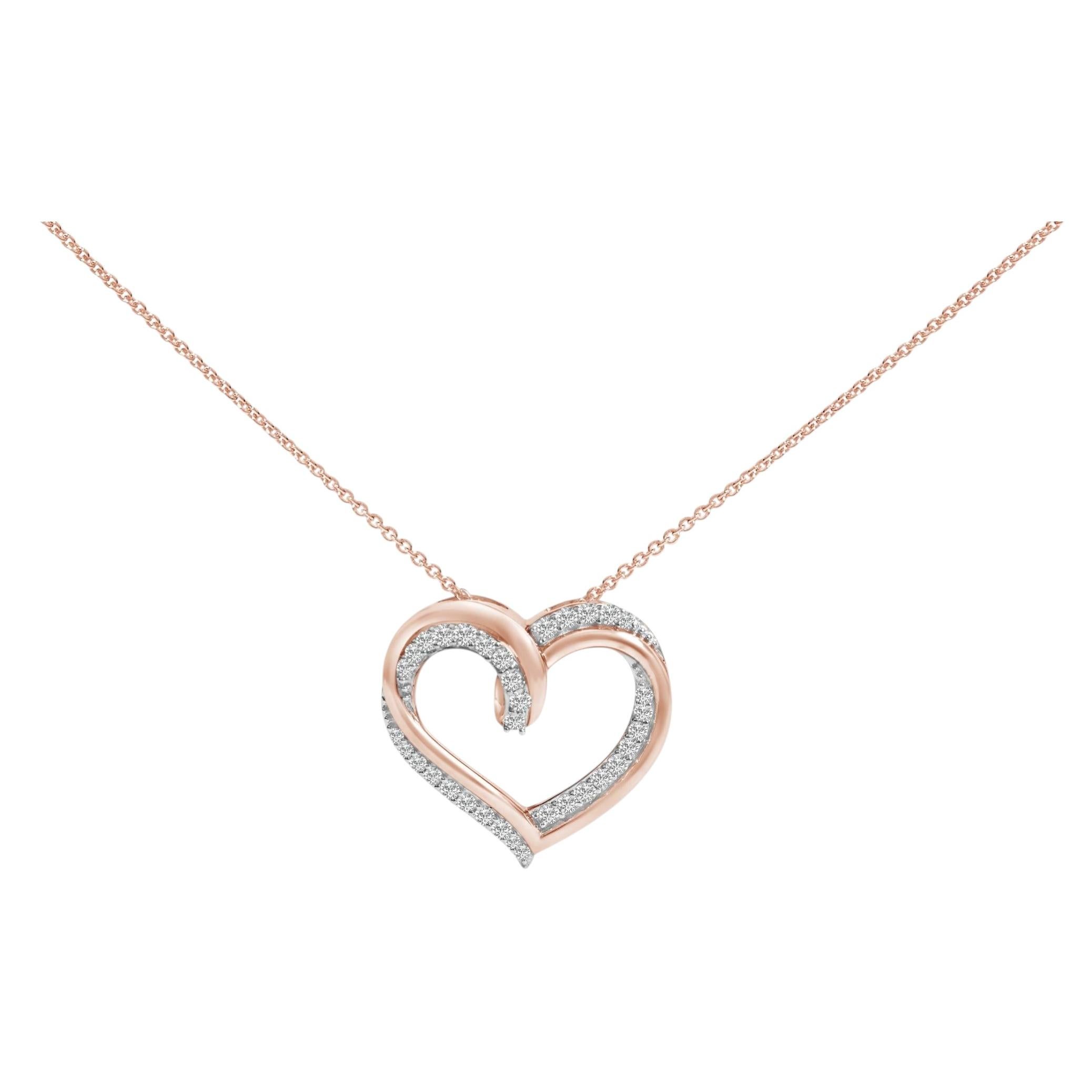 14K Rose Gold Plated Silver 1/2 Cttw Diamond Open Heart Pendant Necklace