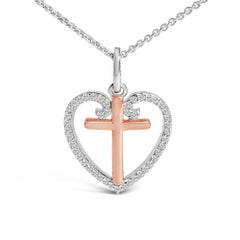 14K Rose Gold Plated Silver 1/5 Cttw Diamond Heart Cross Pendant Necklace