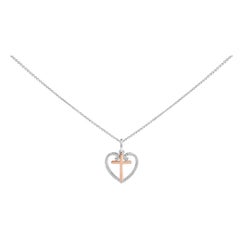 14K Rose Gold Plated Silver 1/5 Cttw Diamond Heart Cross Pendant Necklace