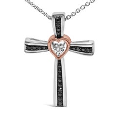 14K Rose Gold Plated Silver Black Rhodium Diamond Accent Cross Pendant Necklace