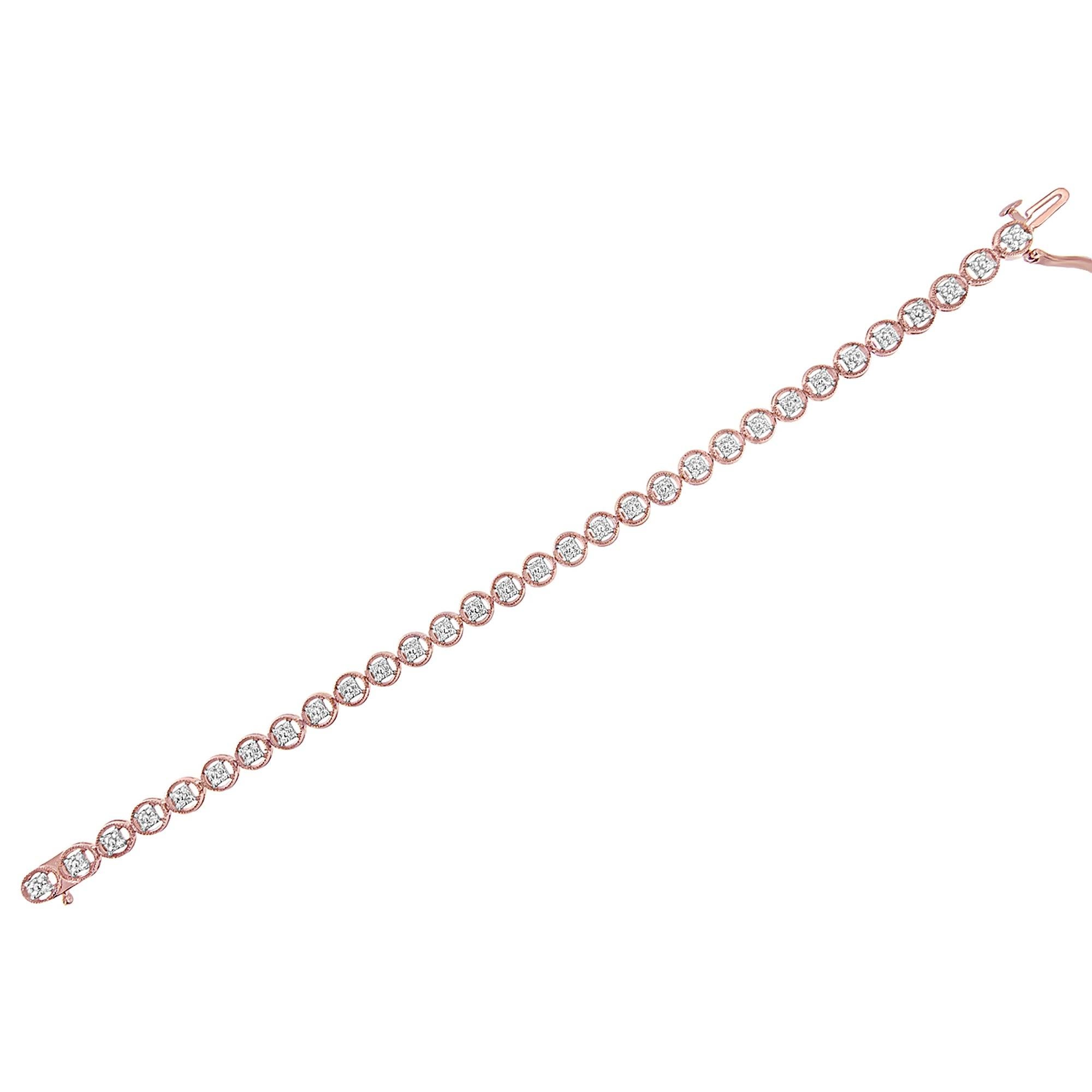 Taille ronde Bracelet tennis en argent sterling plaqué or rose 14 carats avec diamants de 1/10 carat en vente