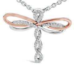 14K Rose Gold Plated Sterling Silver 1/10 Ctw Diamond Dragonfly Pendant Necklace