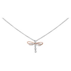 14K Rose Gold Plated Sterling Silver 1/10 Ctw Diamond Dragonfly Pendant Necklace