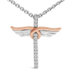 14K Rose Gold Plated Sterling Silver 1/5 Ctw Diamond Wing Cross Pendant Necklace