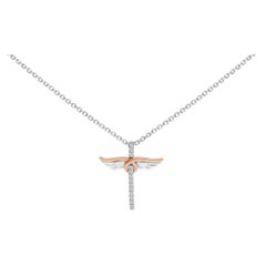 14K Rose Gold Plated Sterling Silver 1/5 Ctw Diamond Wing Cross Pendant Necklace