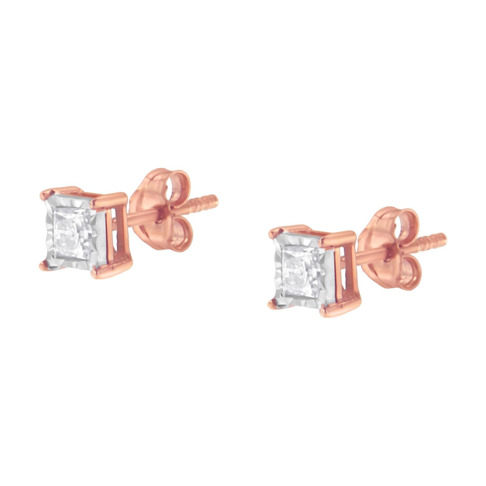 Taglio princess Orecchini in argento 925 placcati in oro rosa 14K a due toni con diamante da 1/2 carato in vendita
