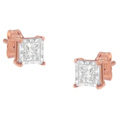 Clous d'oreilles plaqués or rose 14 carats et argent sterling bicolore avec diamants 1/2 carat