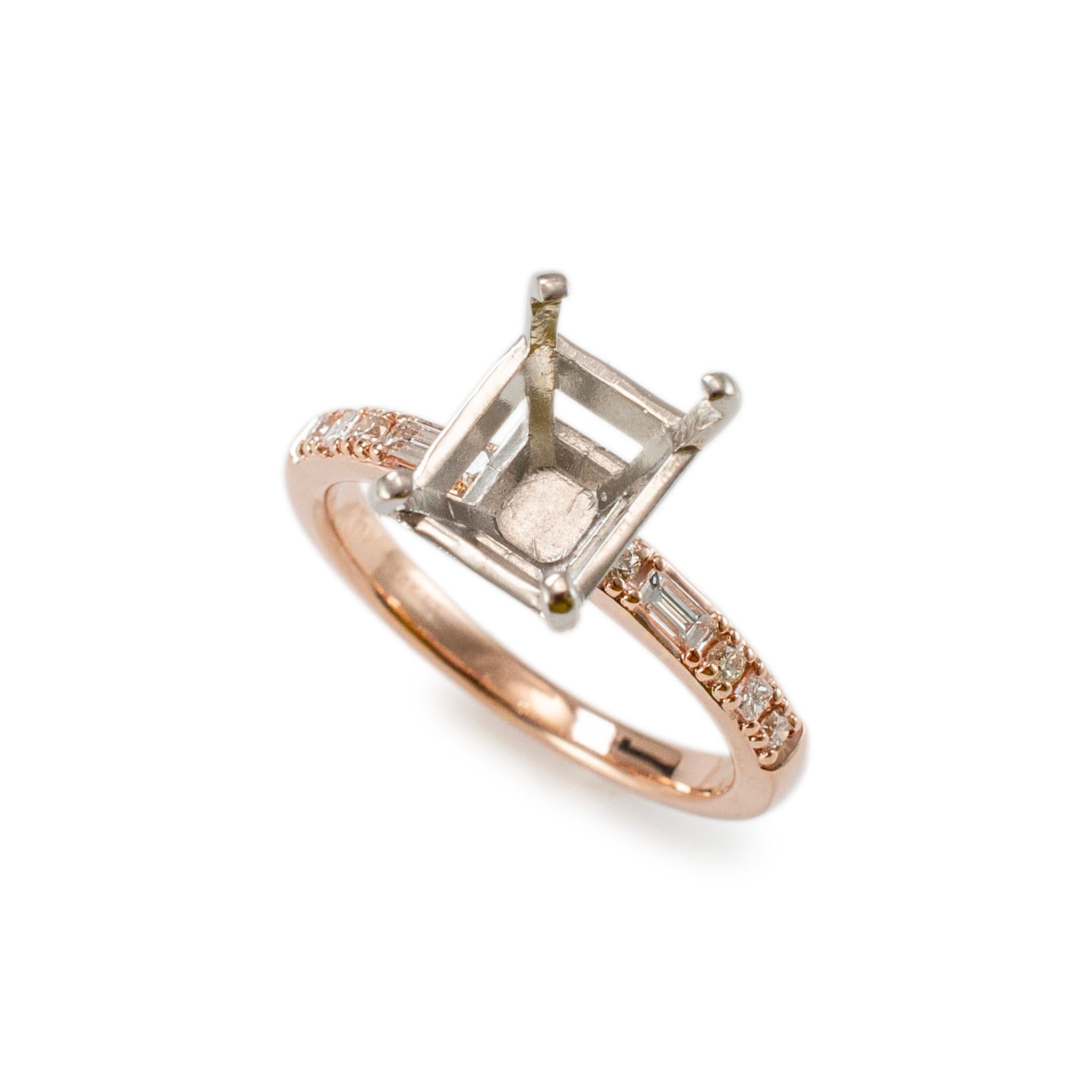 Gender: Ladies

Metal Type: 14K Rose gold & Platinum

Ring Size: 6

Weight: 3.69 grams

14K Rose Gold and Platinum diamond engagement semi-mount accented ring with a half round shank. The metals were tested and determined to be 14K rose gold and