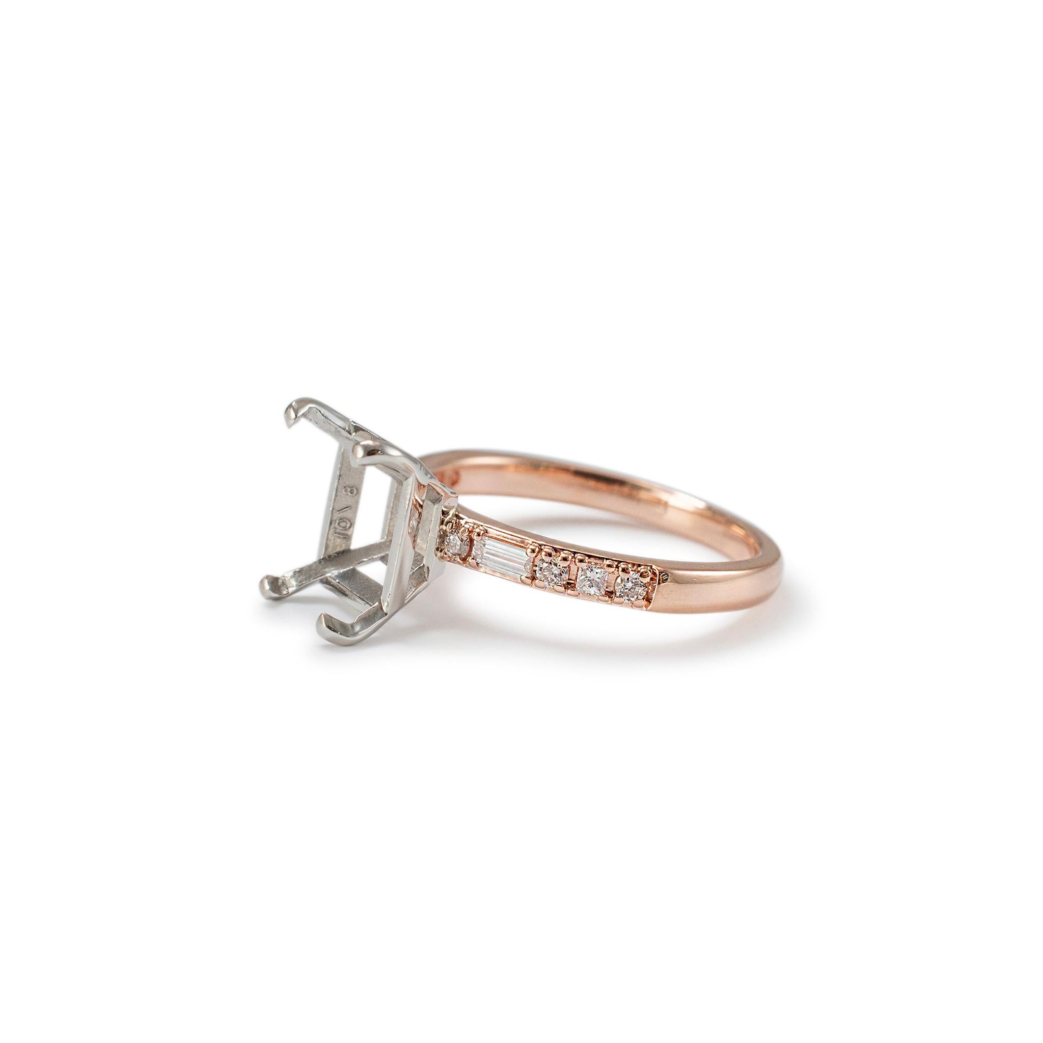 Round Cut 14K Rose Gold & Platinum Rectangular Accented Diamond Semi Mount Engagement Ring