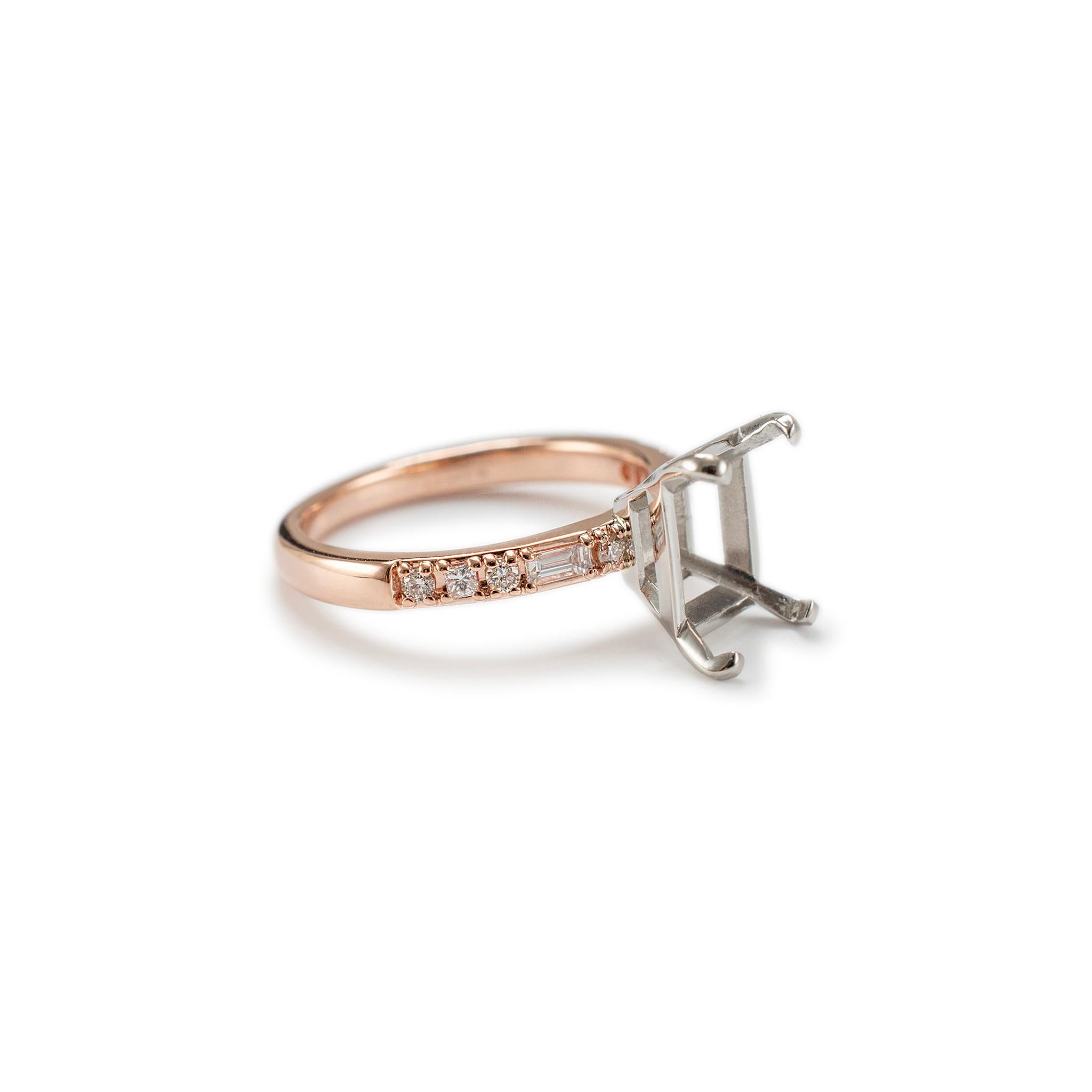 14K Rose Gold & Platinum Rectangular Accented Diamond Semi Mount Engagement Ring In Excellent Condition In Houston, TX