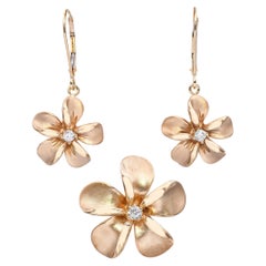 14k Rose Gold Plumeria Flower Diamond Earrings and Pendant Set