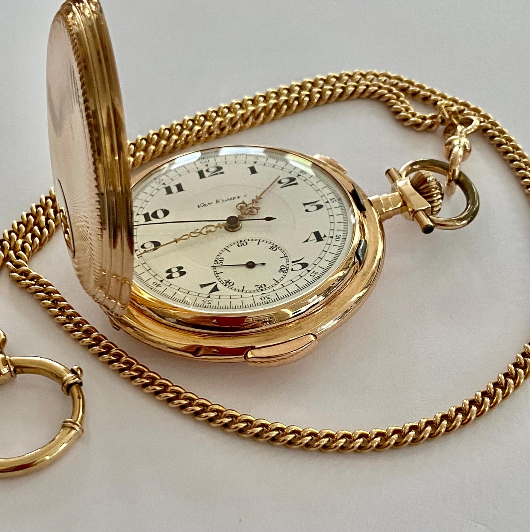 A 14K. rose gold pocket watch with a hunter case
movement: minute repetition striking mechanism and chronograph. (minute)
Manufacture: Le Phare* in Locle (Switzerland)
signed; van Kempen (famous jeweler in the Netherlands ca 1910)
The watch chain of