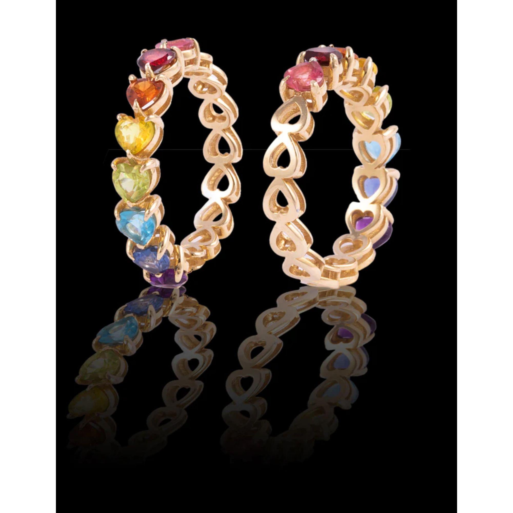 As the first fine jewelry piece from the house of Mordekai, we are celebrating one of our iconic themes, the Rainbow. This unique ring is made of 14k gold, and hand-set with the finest hand-selected, colored stones and gems sourced from all over the