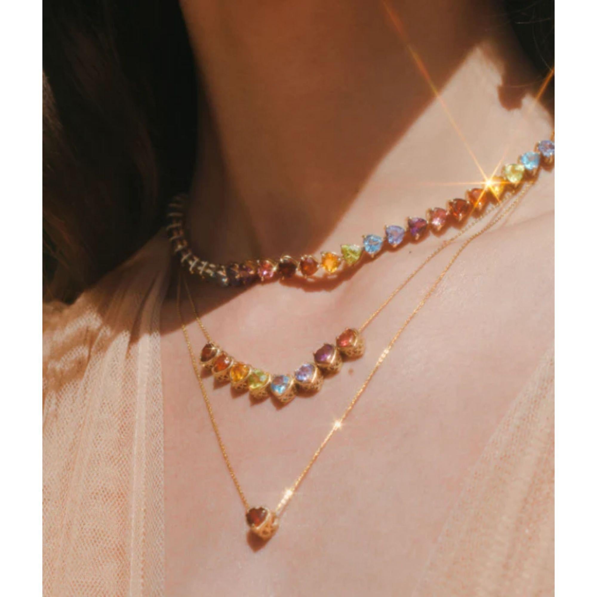 Women's 14K Rose Gold Rainbow Heart Gems Slider Necklace, Length 14 For Sale