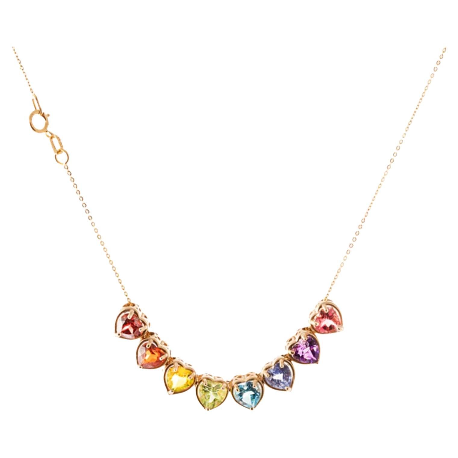14K Rose Gold Rainbow Heart Gems Slider Necklace, Length 14 For Sale