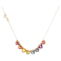 Collier en or rose 14 carats avec cœurs arc-en-ciel et pierres précieuses, longueur 14