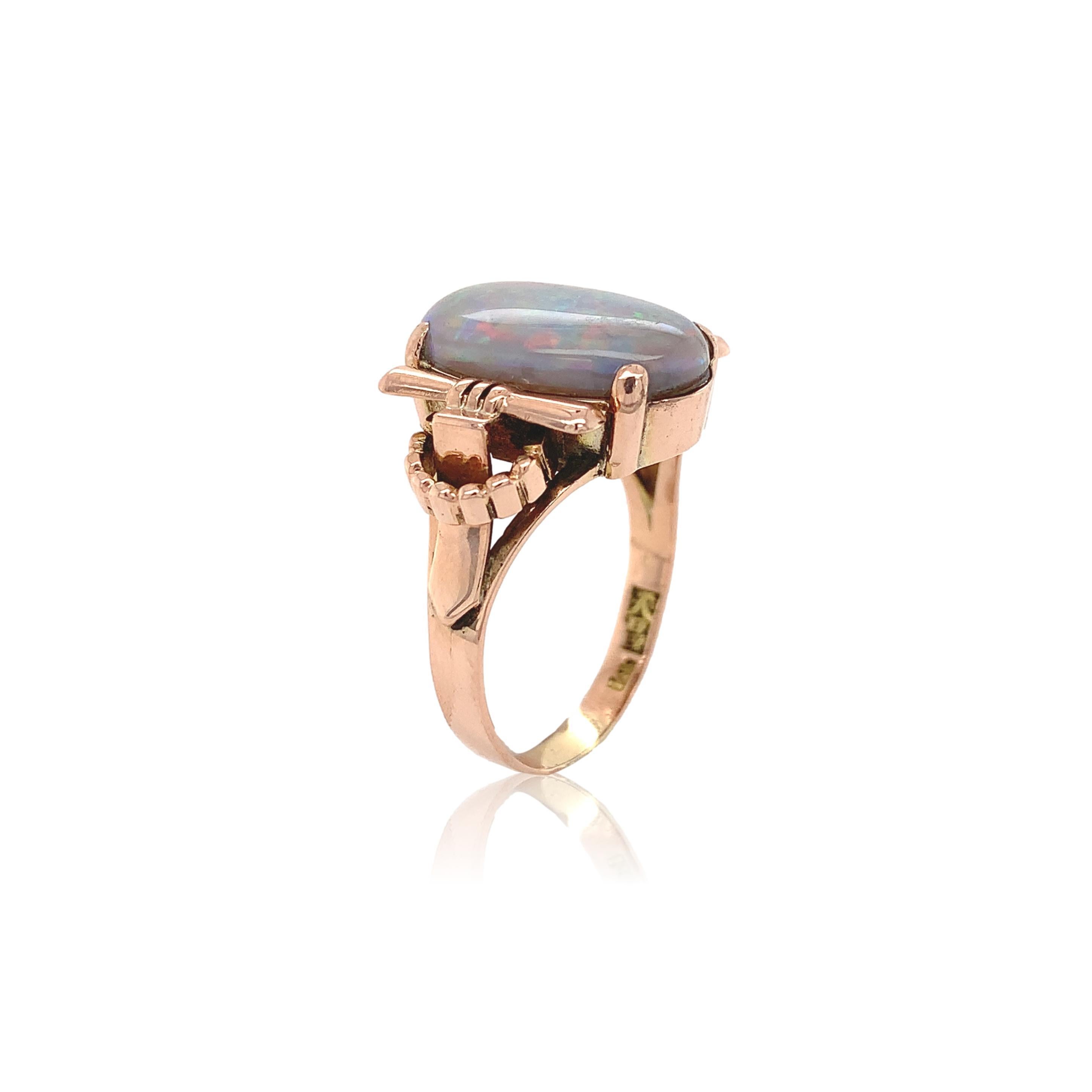 Oval Cut 14K Rose Gold Retro Black Opal Ring Size 7