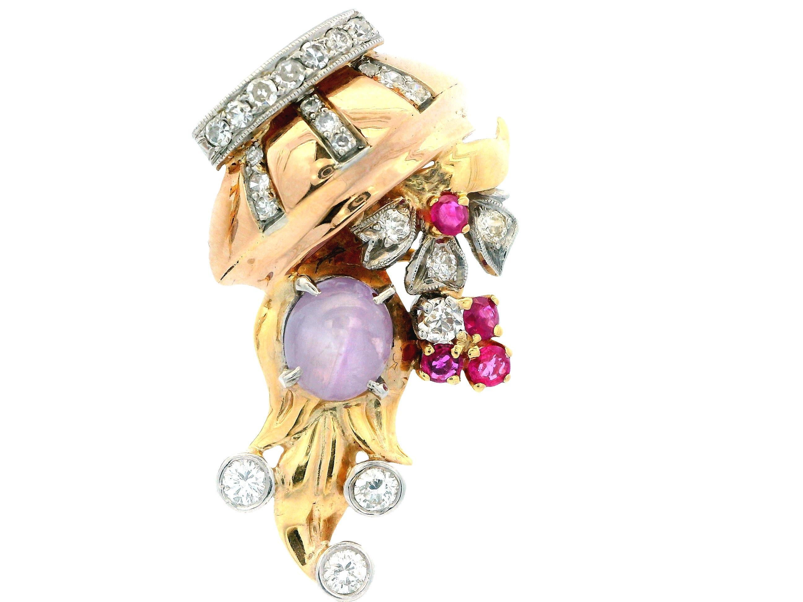 14K Rose Gold Retro Star Sapphire, Diamonds & Rubies Basket Form Earrings. For Sale 5