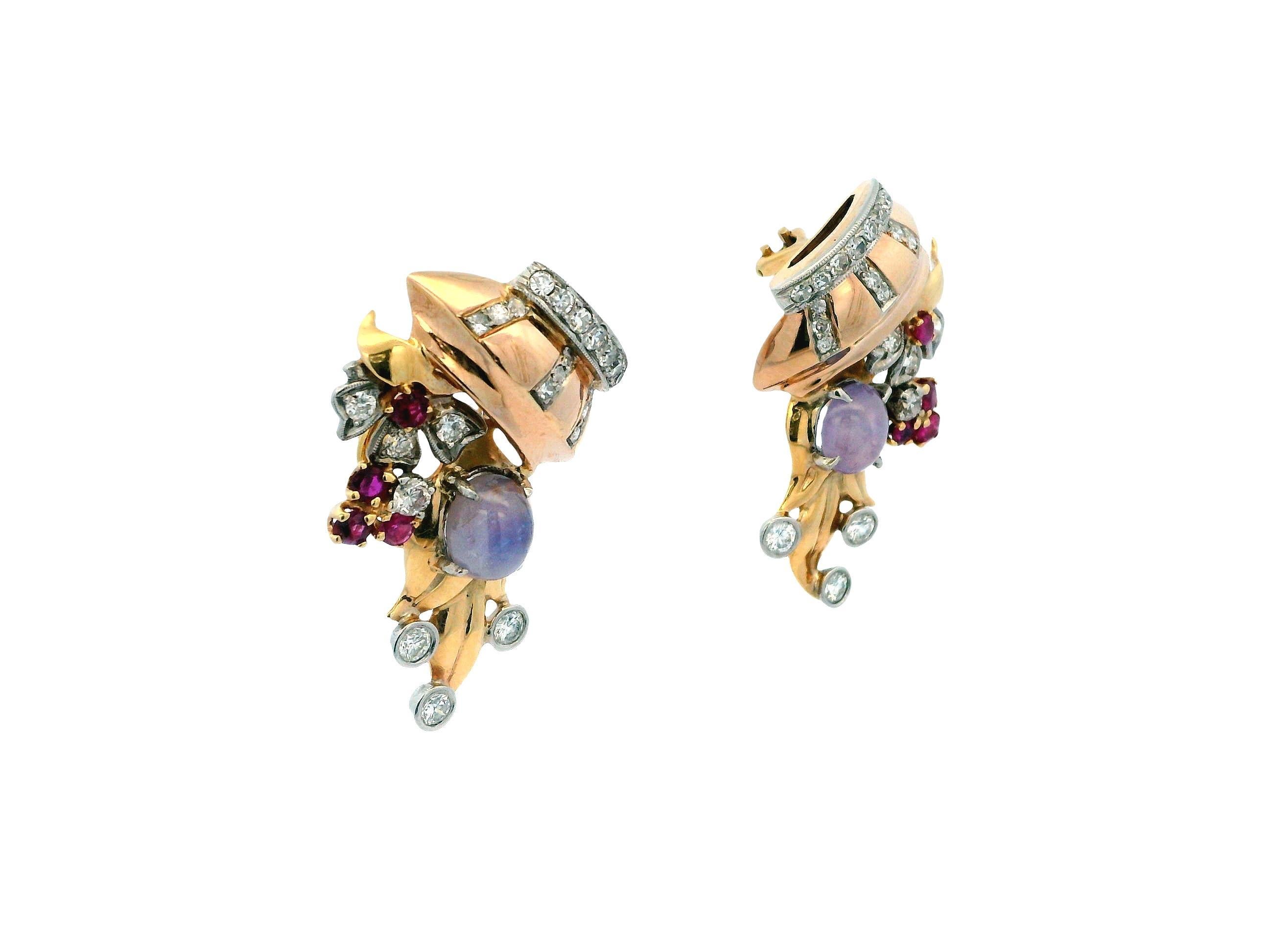 Cabochon 14K Rose Gold Retro Star Sapphire, Diamonds & Rubies Basket Form Earrings. For Sale