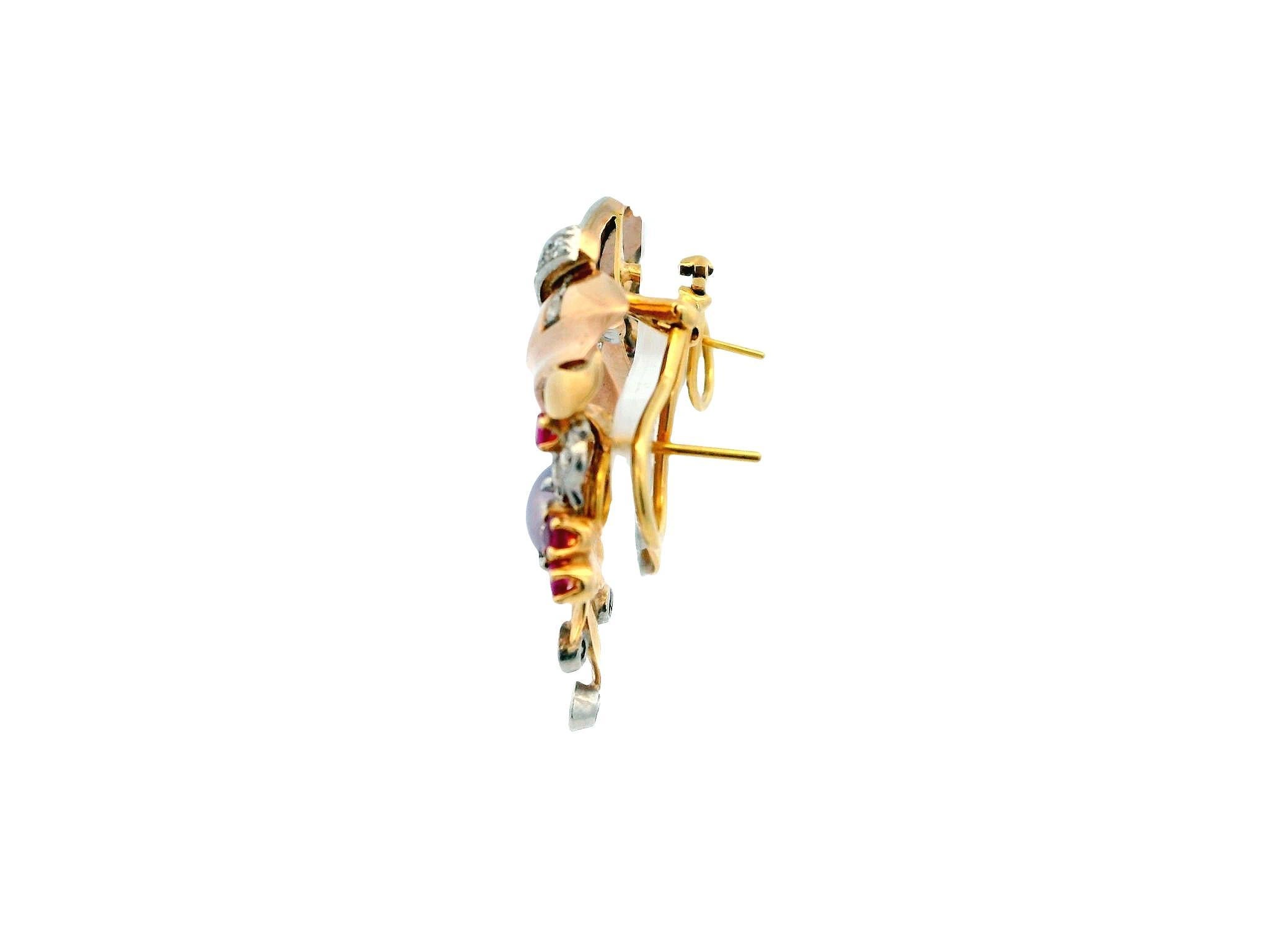 14K Rose Gold Retro Star Sapphire, Diamonds & Rubies Basket Form Earrings. In Good Condition For Sale In Great Neck Plaza, NY