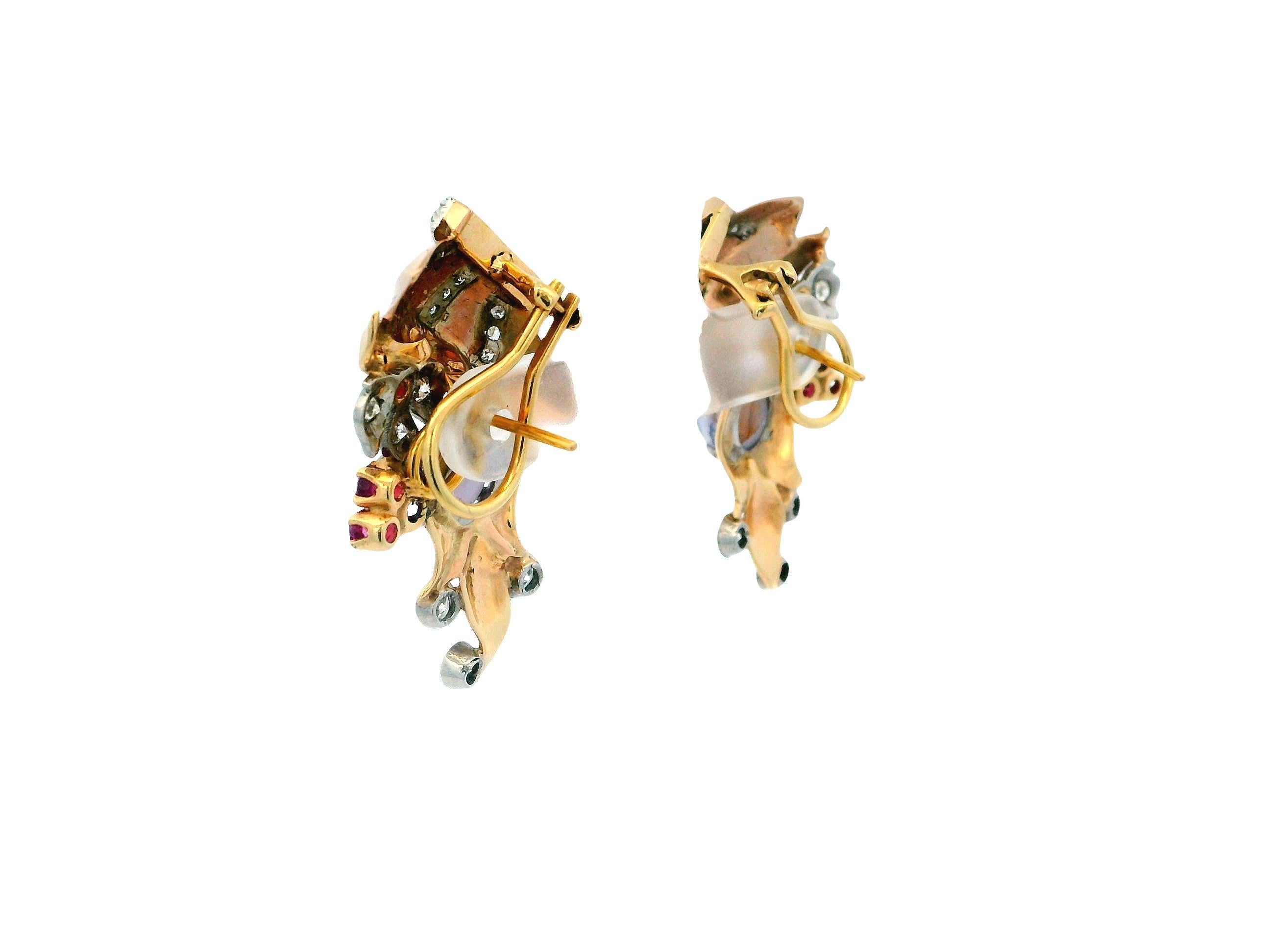 Women's 14K Rose Gold Retro Star Sapphire, Diamonds & Rubies Basket Form Earrings. For Sale