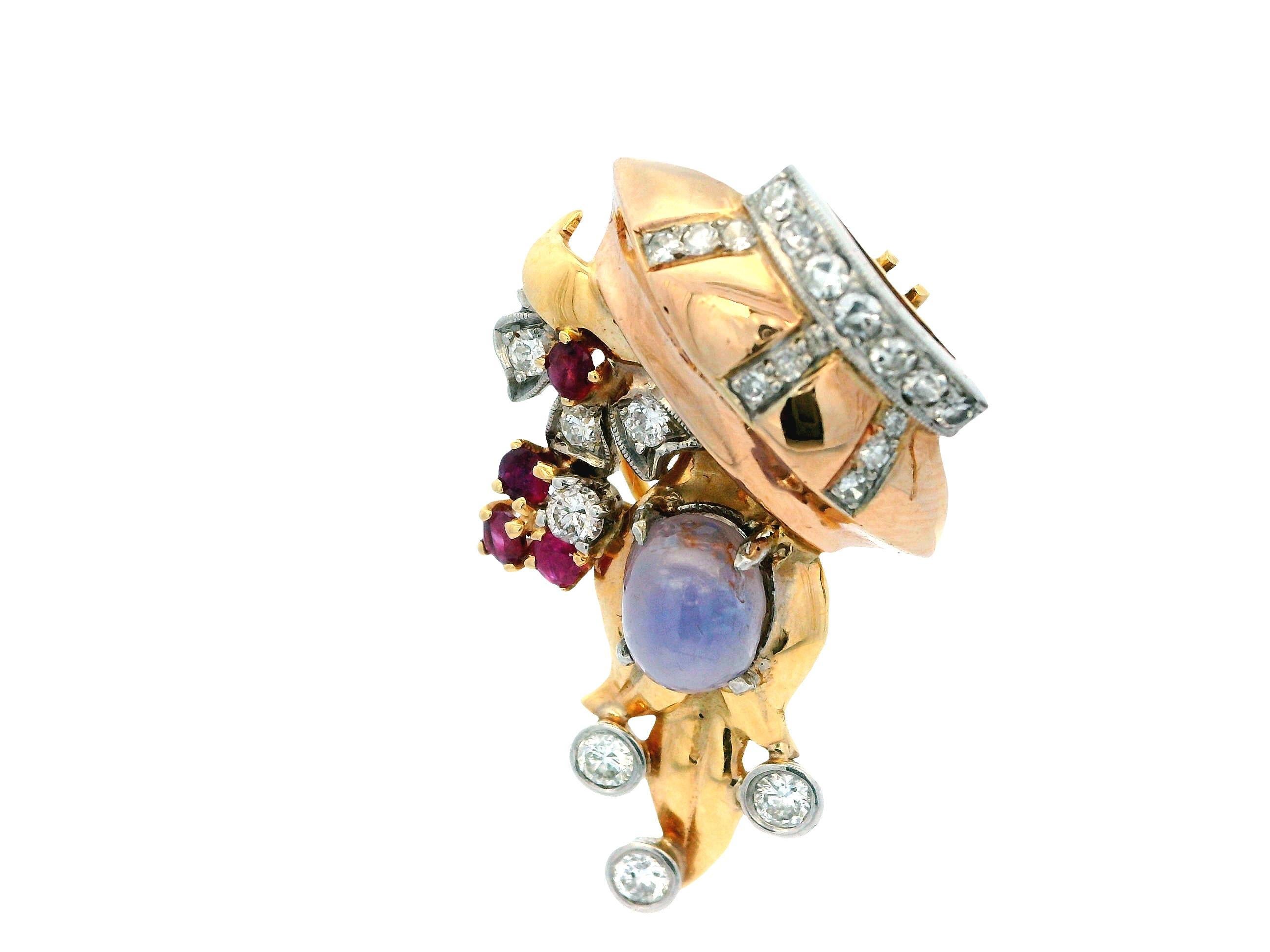 14K Rose Gold Retro Star Sapphire, Diamonds & Rubies Basket Form Earrings. For Sale 4