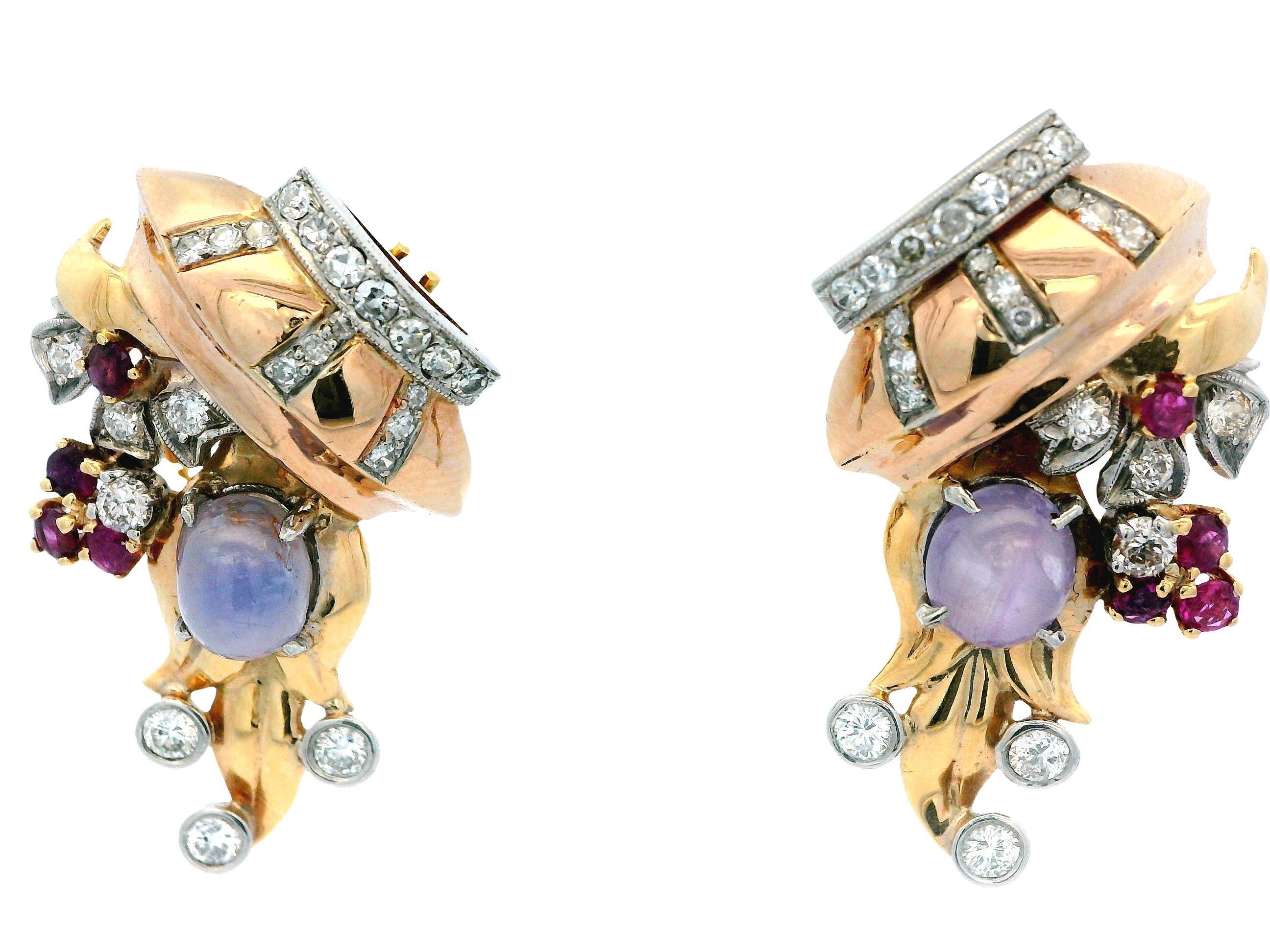 14K Rose Gold Retro Star Sapphire, Diamonds & Rubies Basket Form Earrings. For Sale