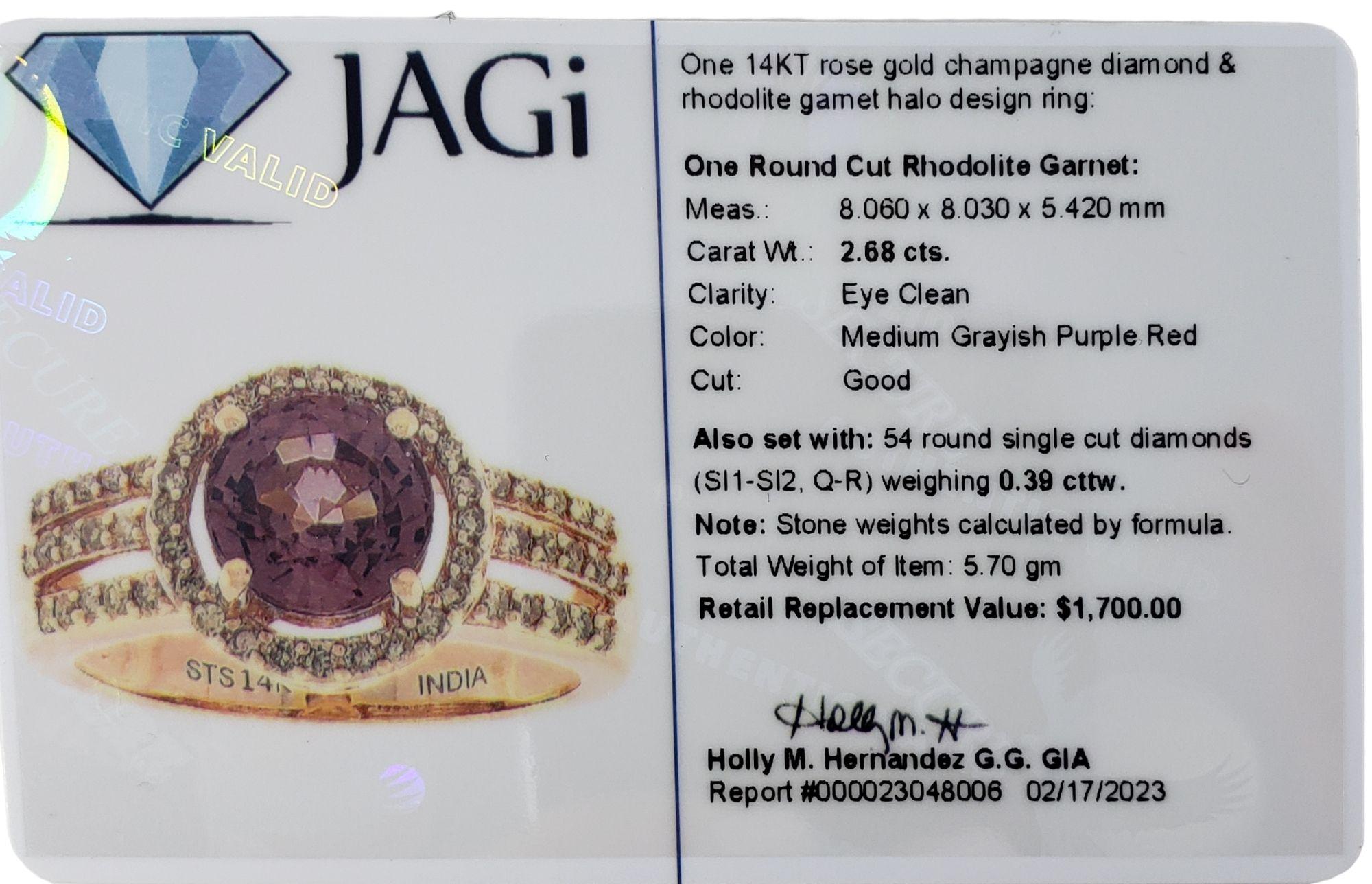 14k Rose Gold Rhodolite Garnet and Champagne Diamond Ring Size 8 #13889 For Sale 2