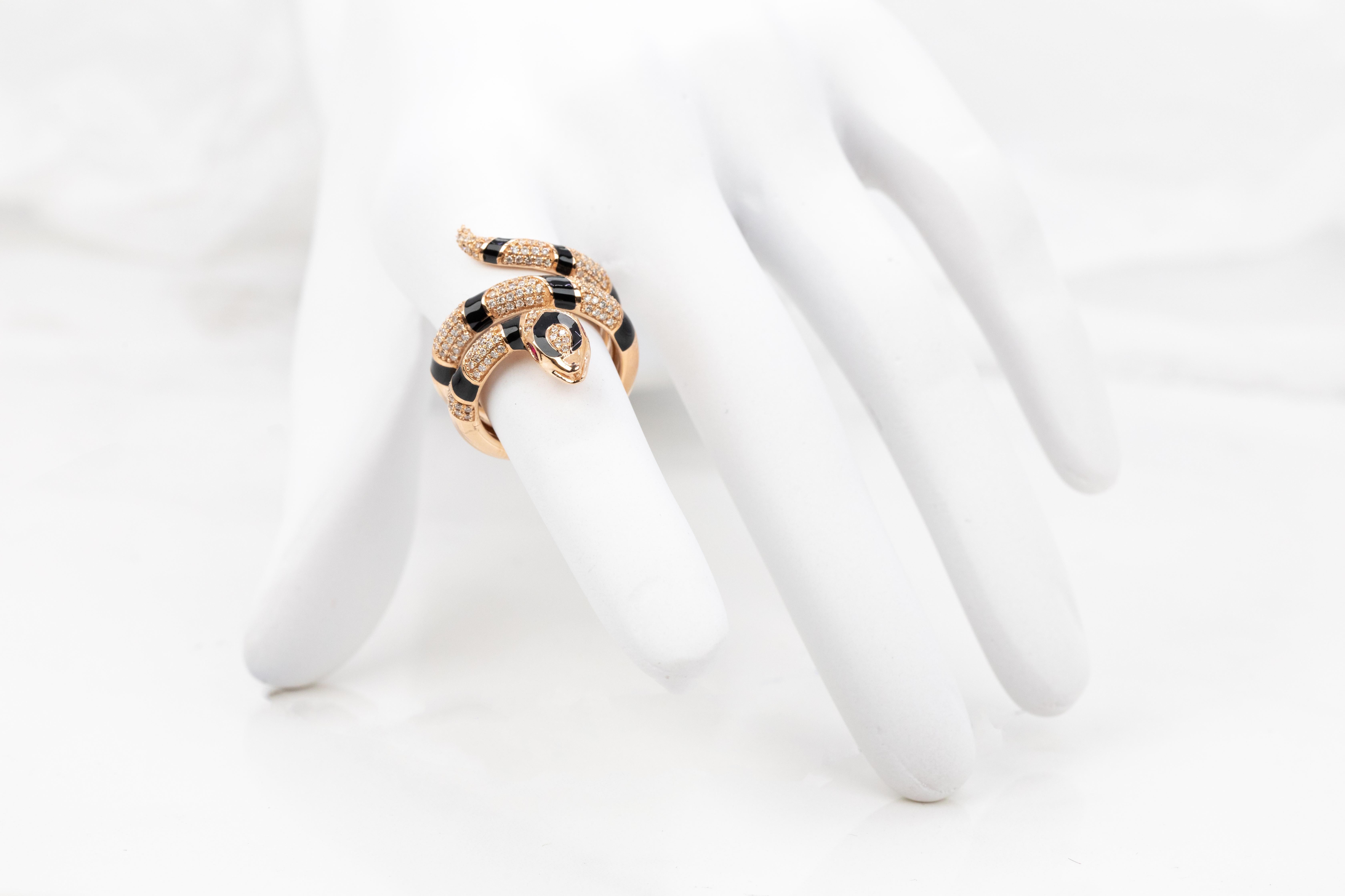 For Sale:  14K Rose Gold Ring Snake Model Black Enamel and Emerald Stone Ring 10