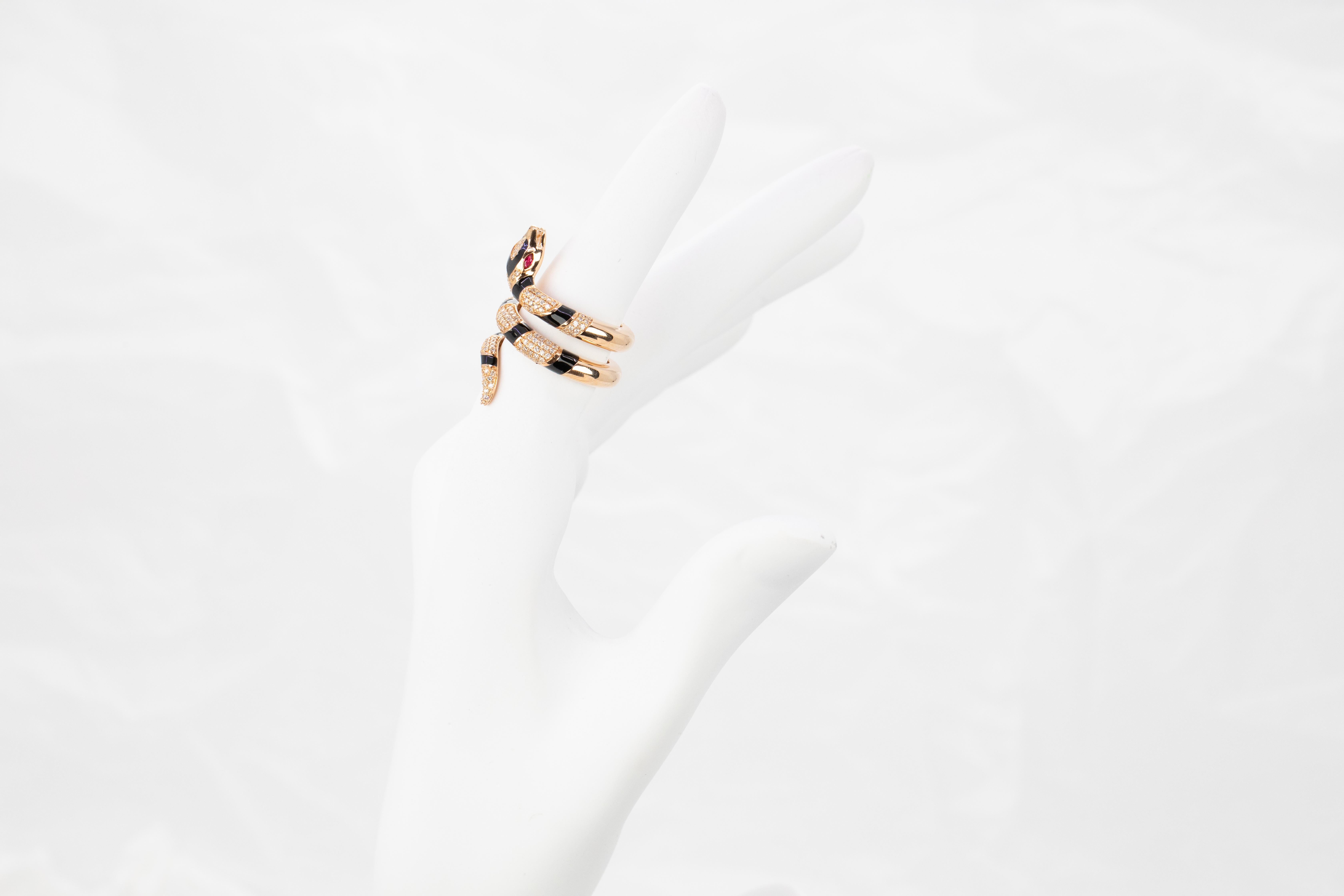 For Sale:  14K Rose Gold Ring Snake Model Black Enamel and Emerald Stone Ring 11