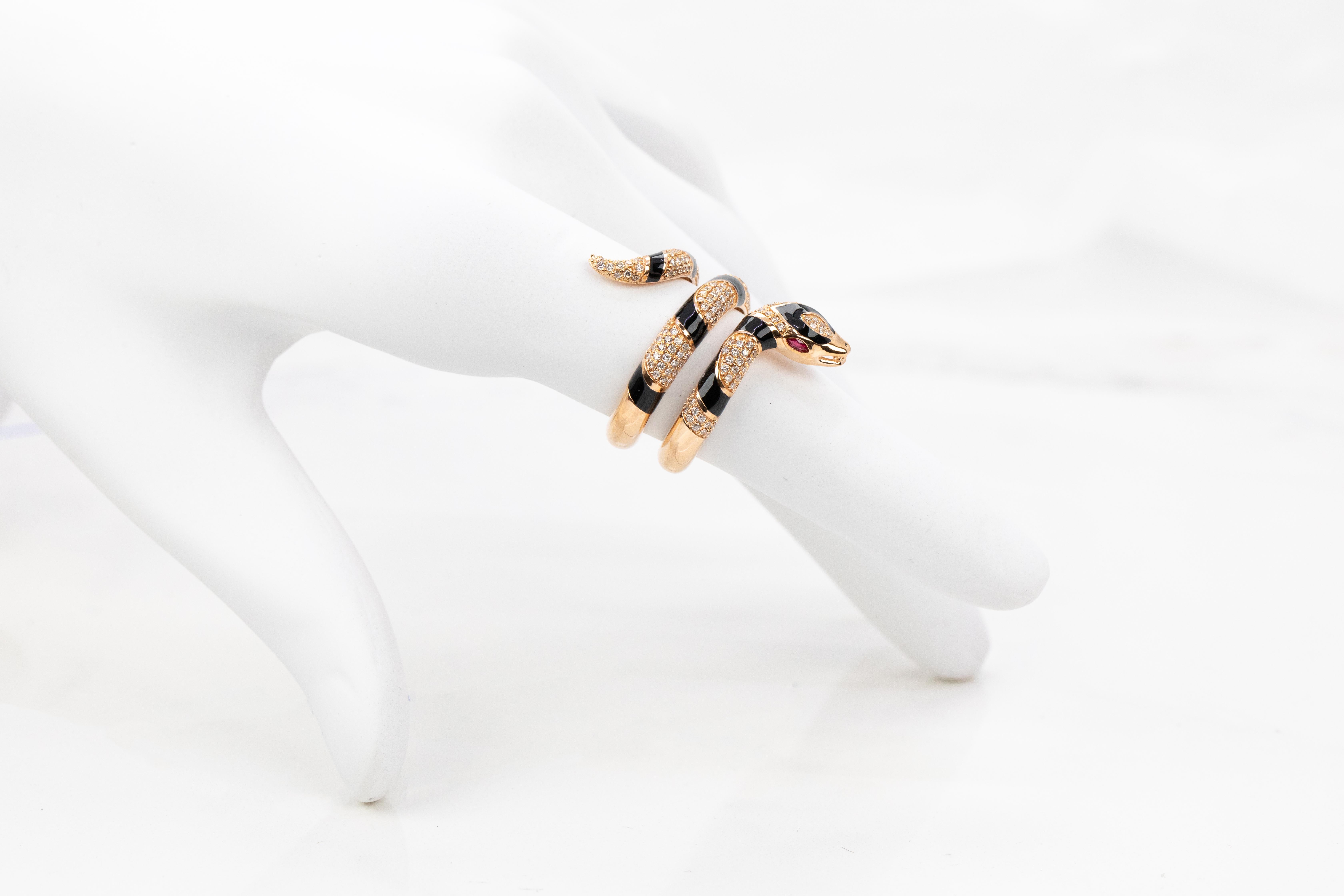 For Sale:  14K Rose Gold Ring Snake Model Black Enamel and Emerald Stone Ring 12