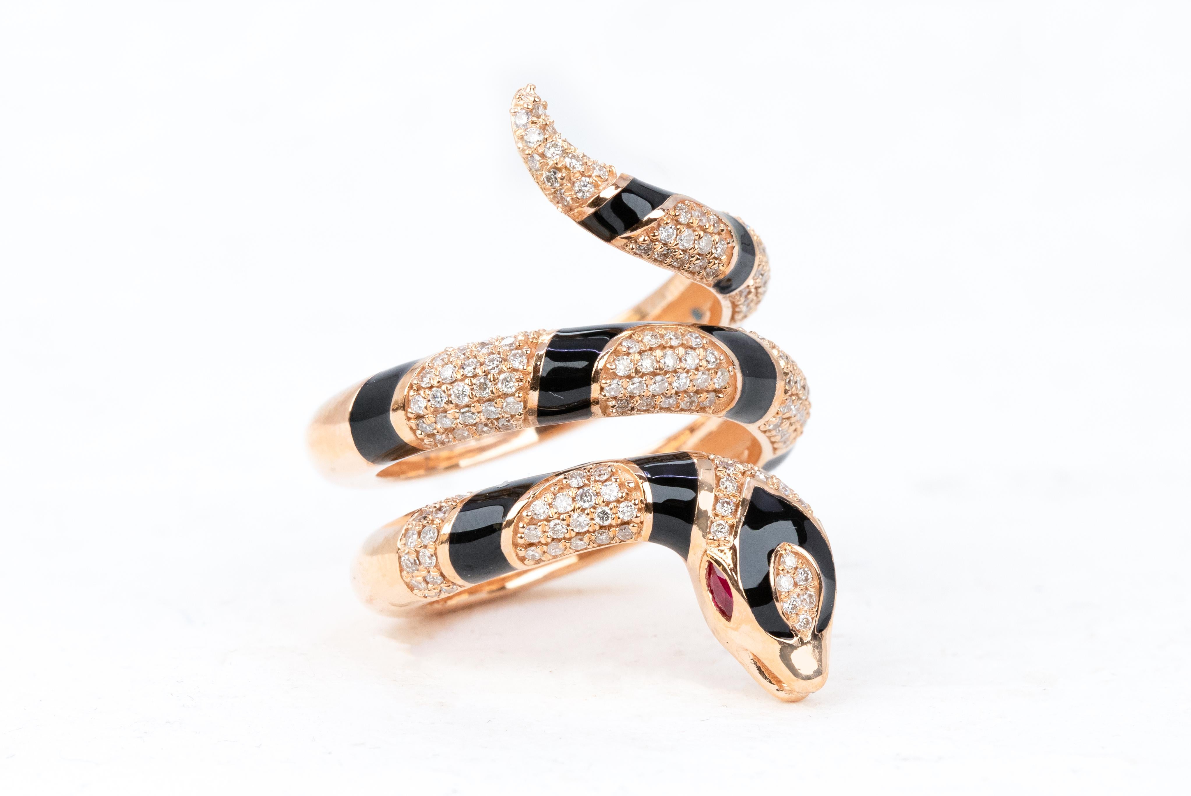 For Sale:  14K Rose Gold Ring Snake Model Black Enamel and Emerald Stone Ring 13