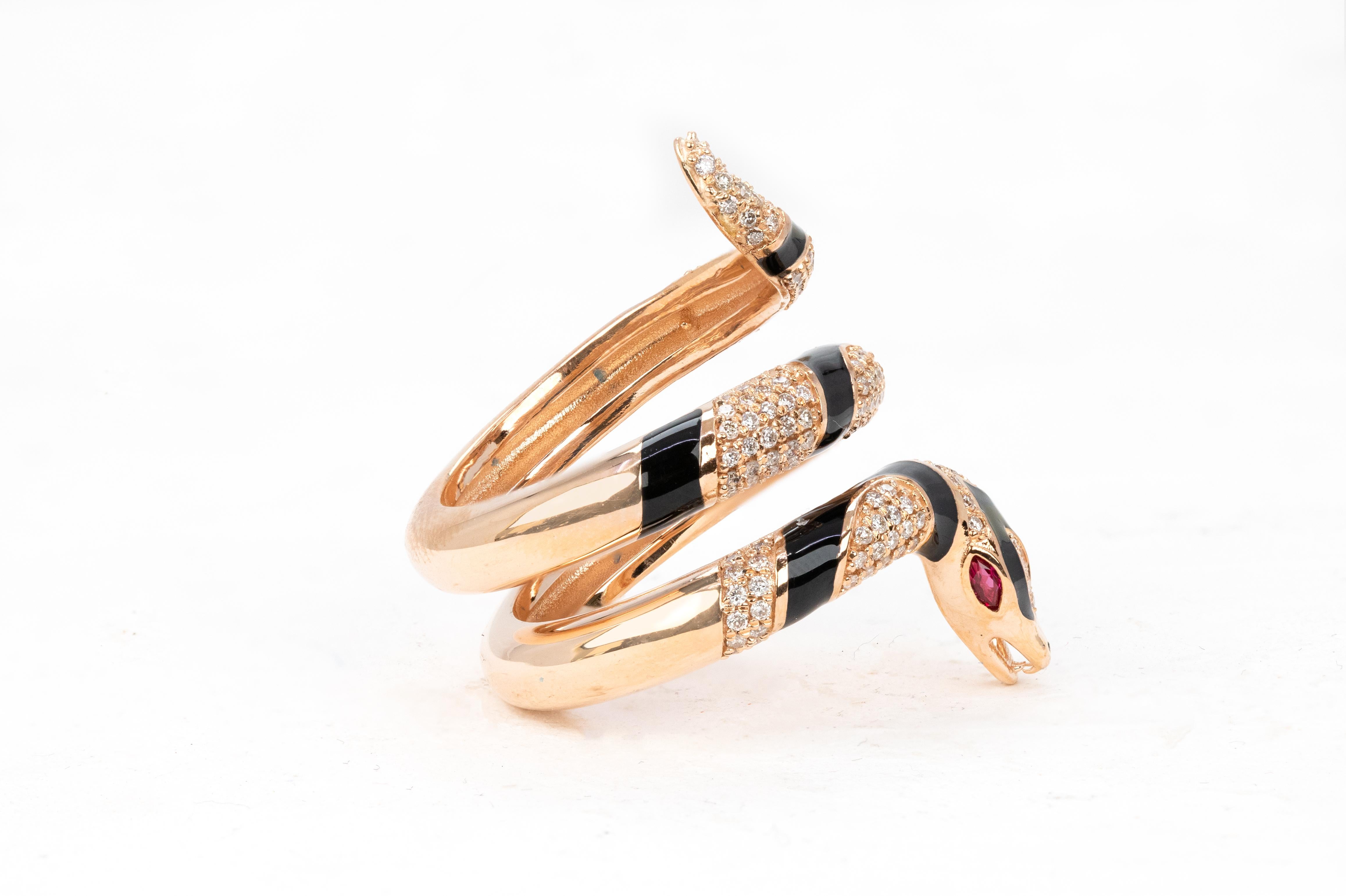 For Sale:  14K Rose Gold Ring Snake Model Black Enamel and Emerald Stone Ring 14