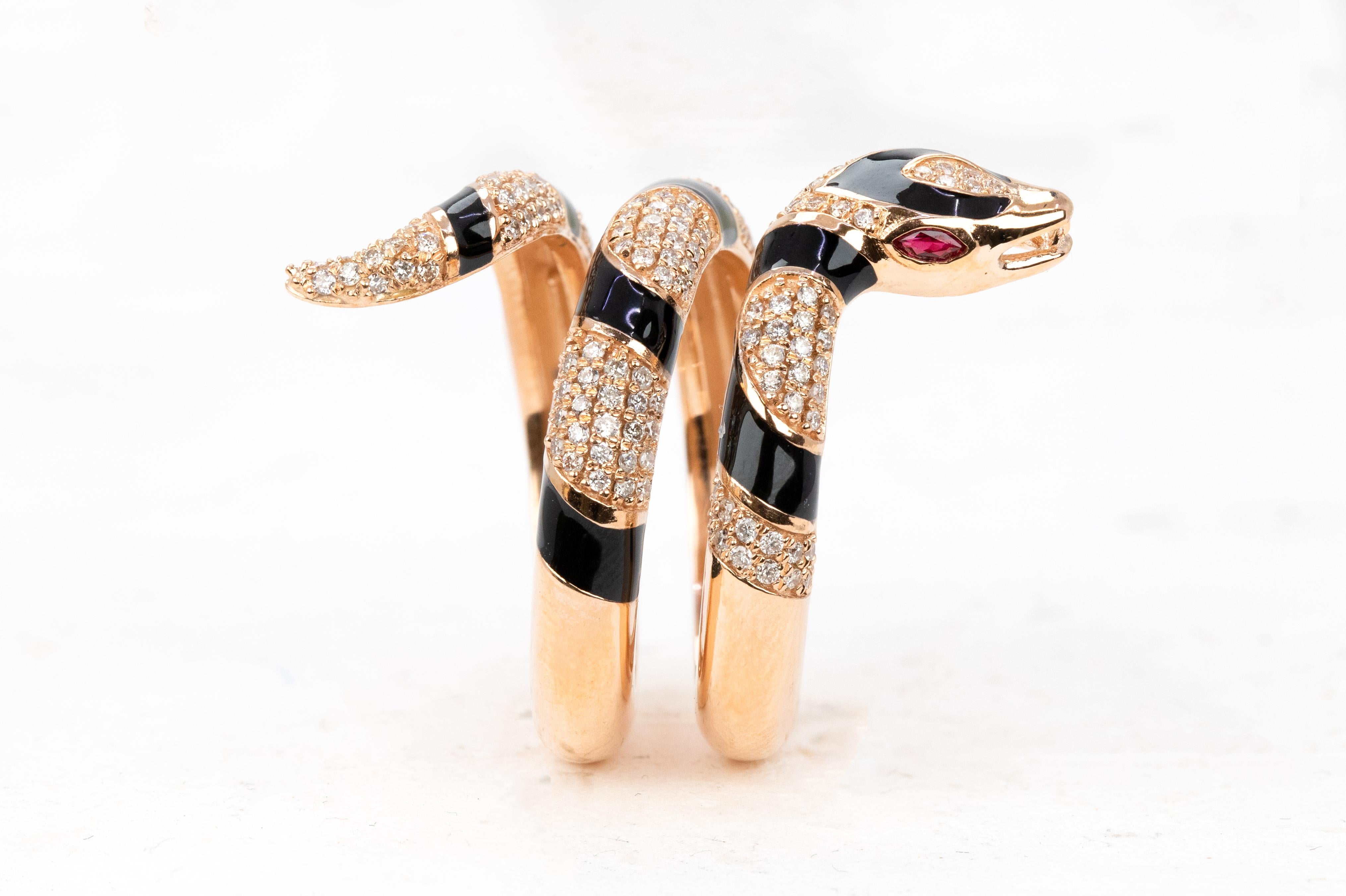For Sale:  14K Rose Gold Ring Snake Model Black Enamel and Emerald Stone Ring 15