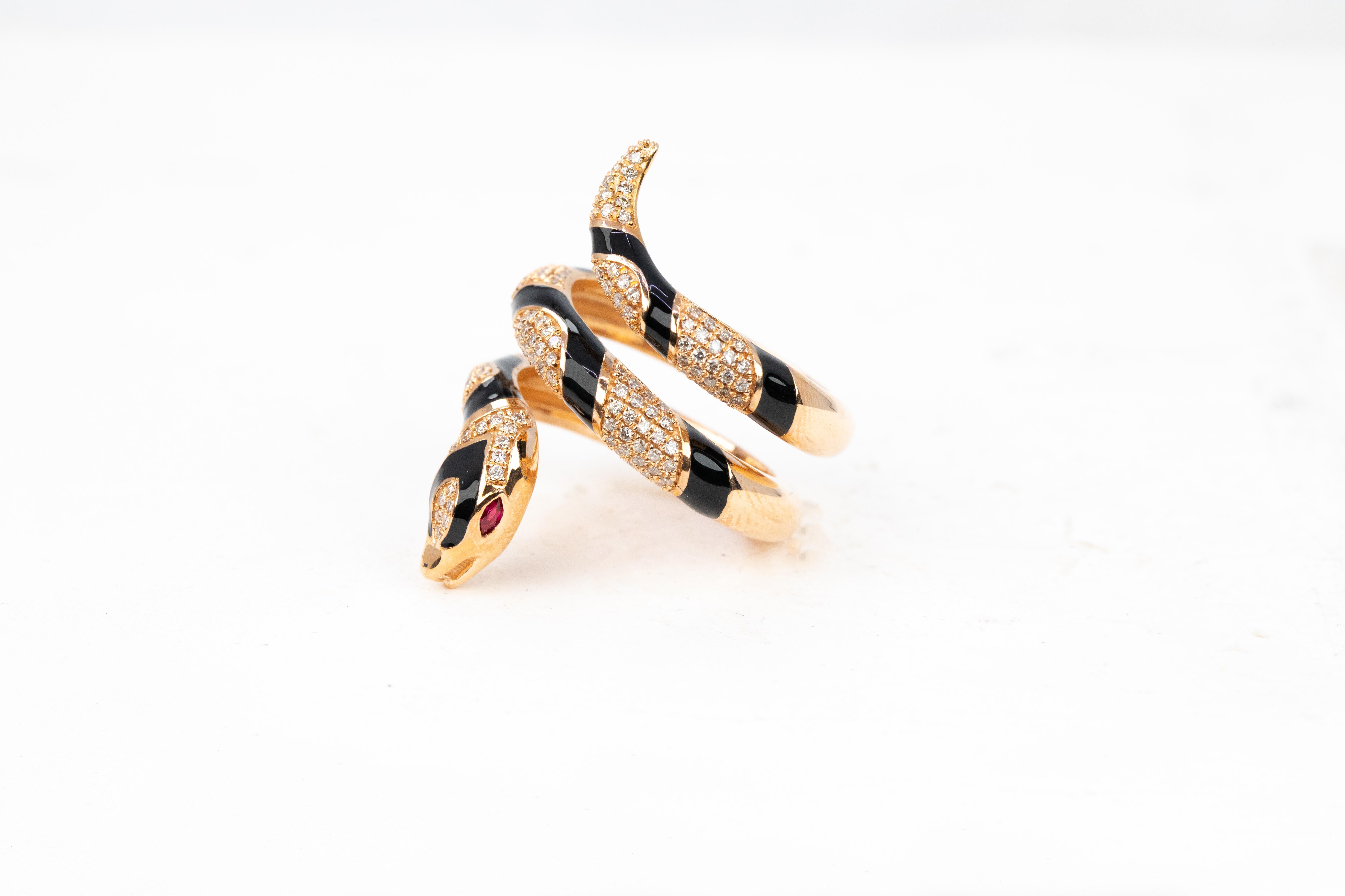 For Sale:  14K Rose Gold Ring Snake Model Black Enamel and Emerald Stone Ring 16
