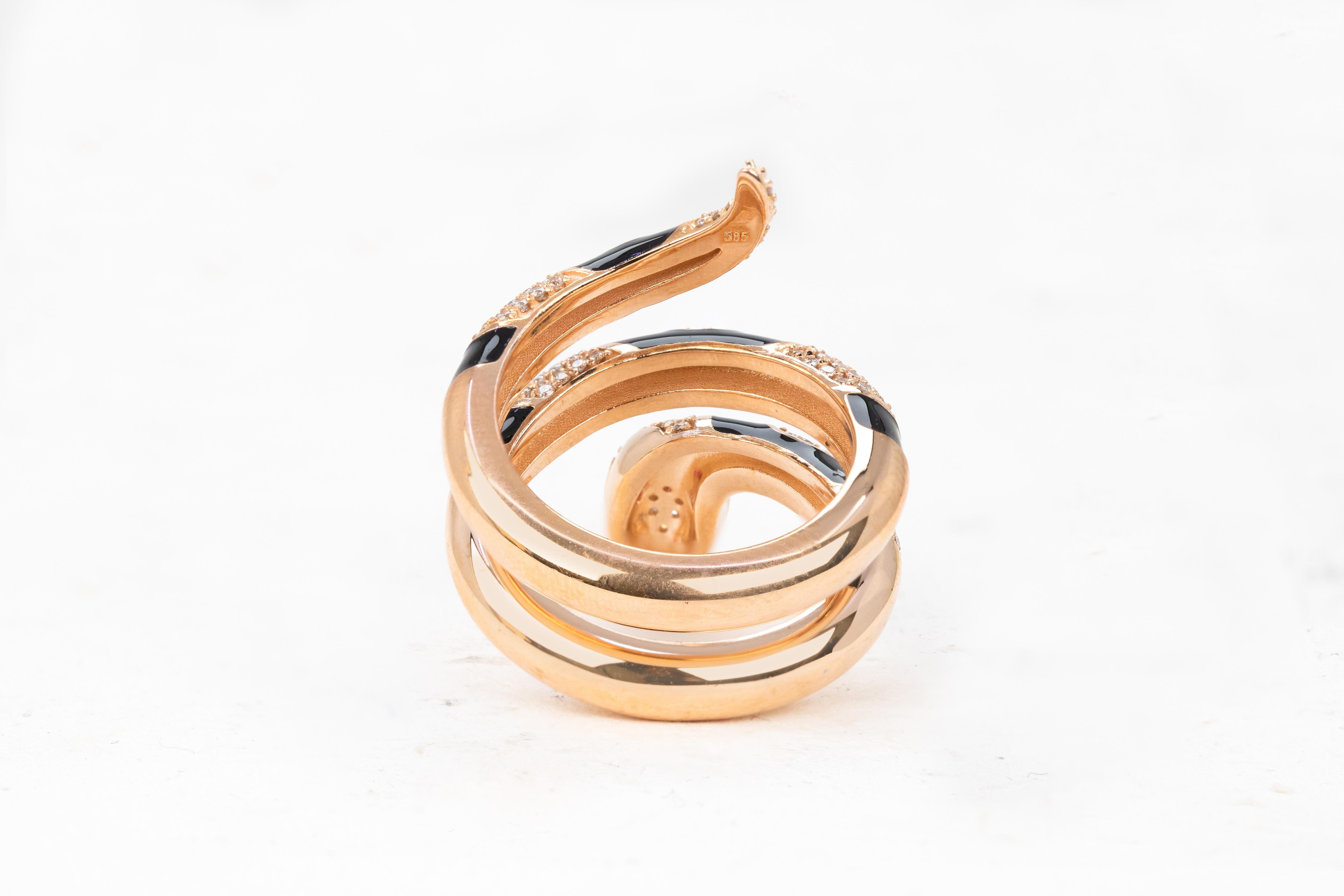For Sale:  14K Rose Gold Ring Snake Model Black Enamel and Emerald Stone Ring 17