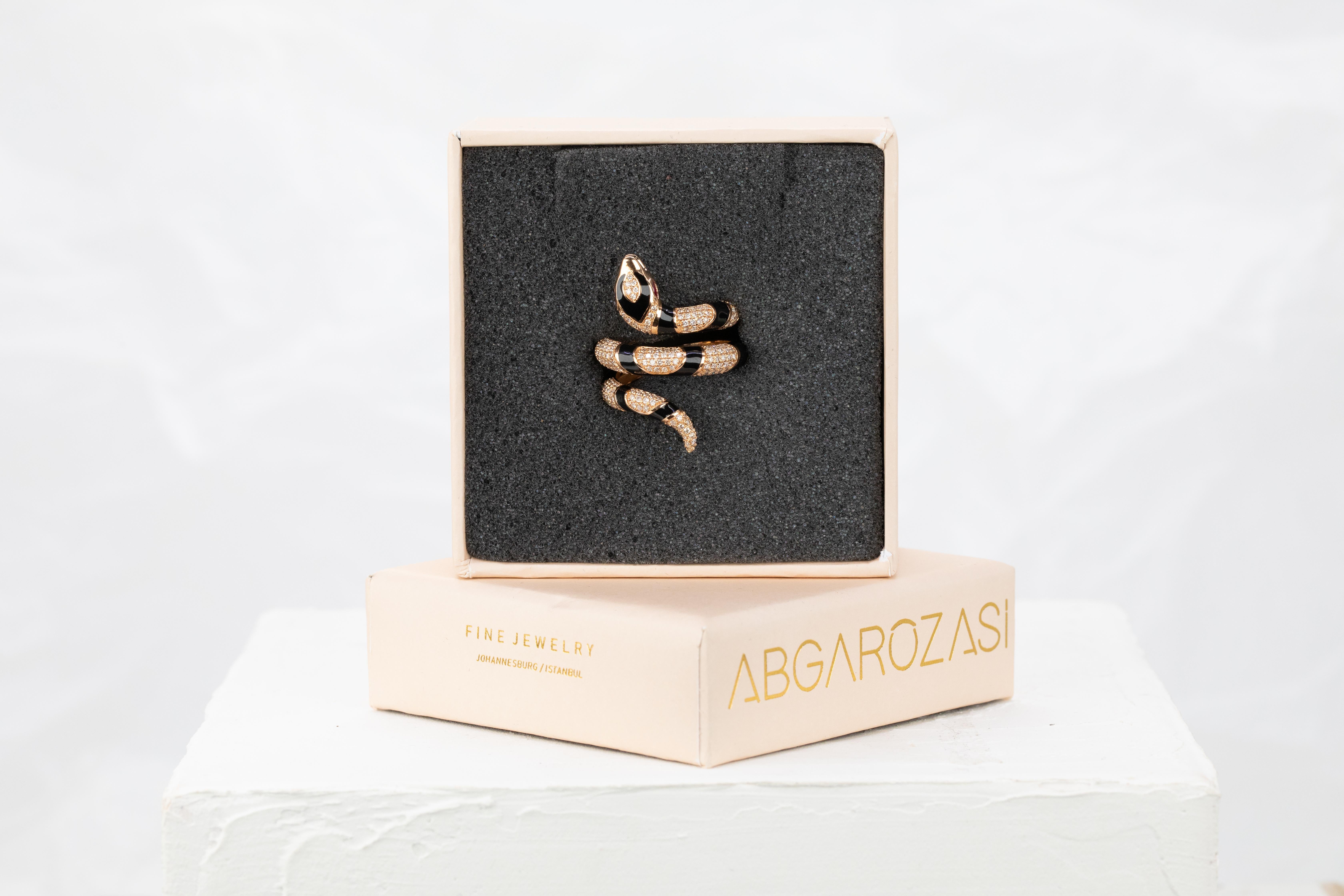 For Sale:  14K Rose Gold Ring Snake Model Black Enamel and Emerald Stone Ring 18