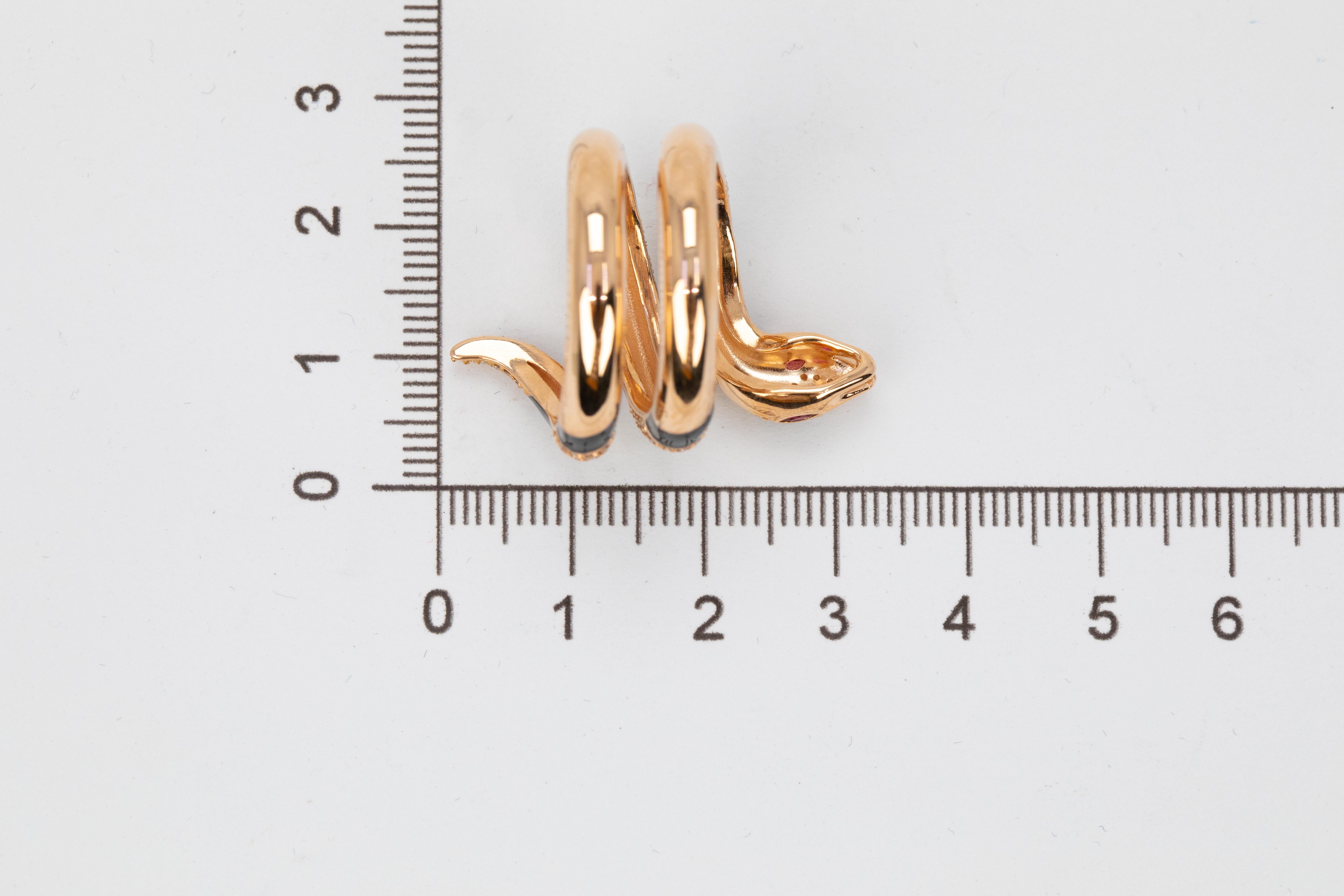 For Sale:  14K Rose Gold Ring Snake Model Black Enamel and Emerald Stone Ring 19