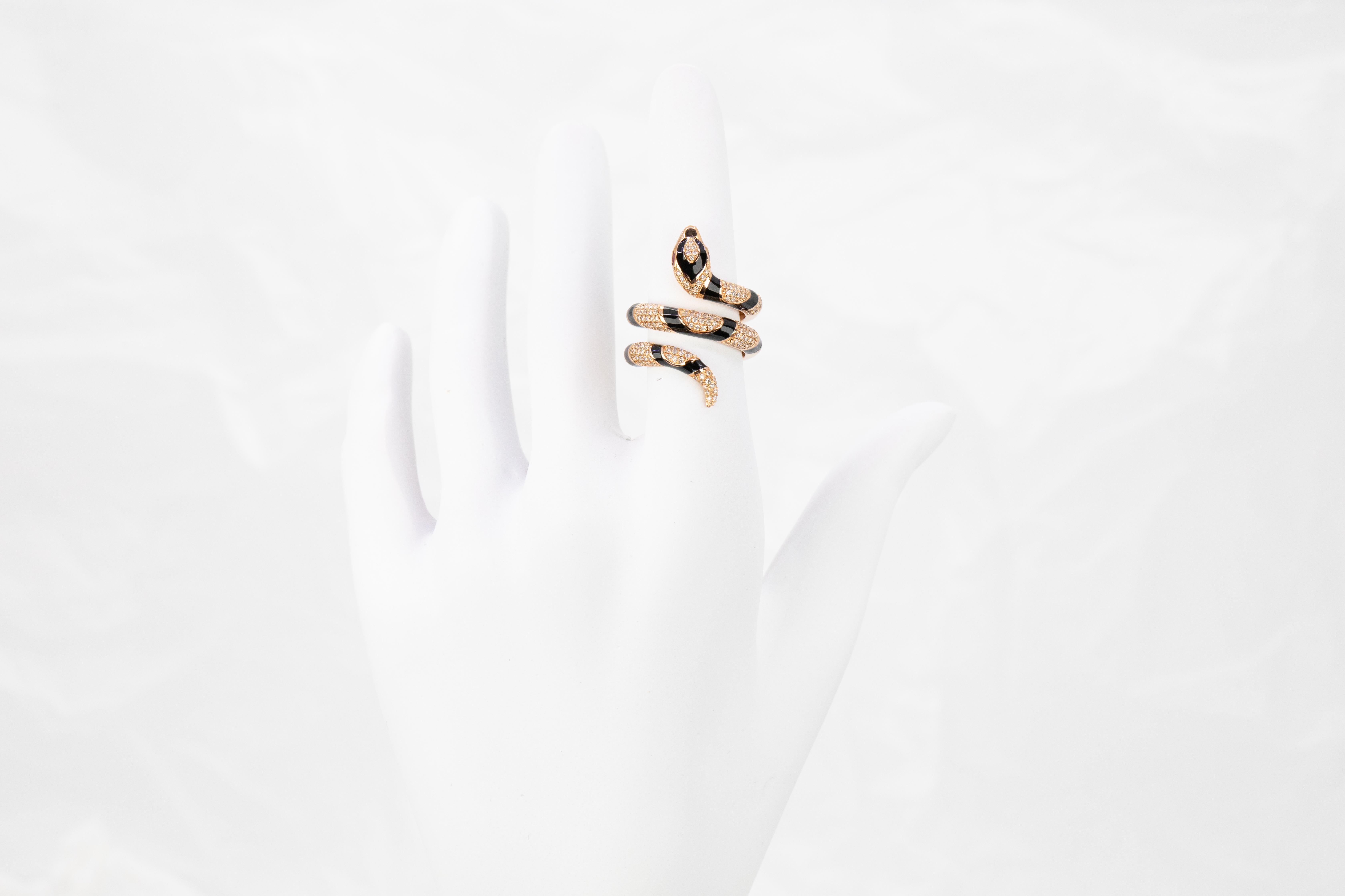 For Sale:  14K Rose Gold Ring Snake Model Black Enamel and Emerald Stone Ring 9