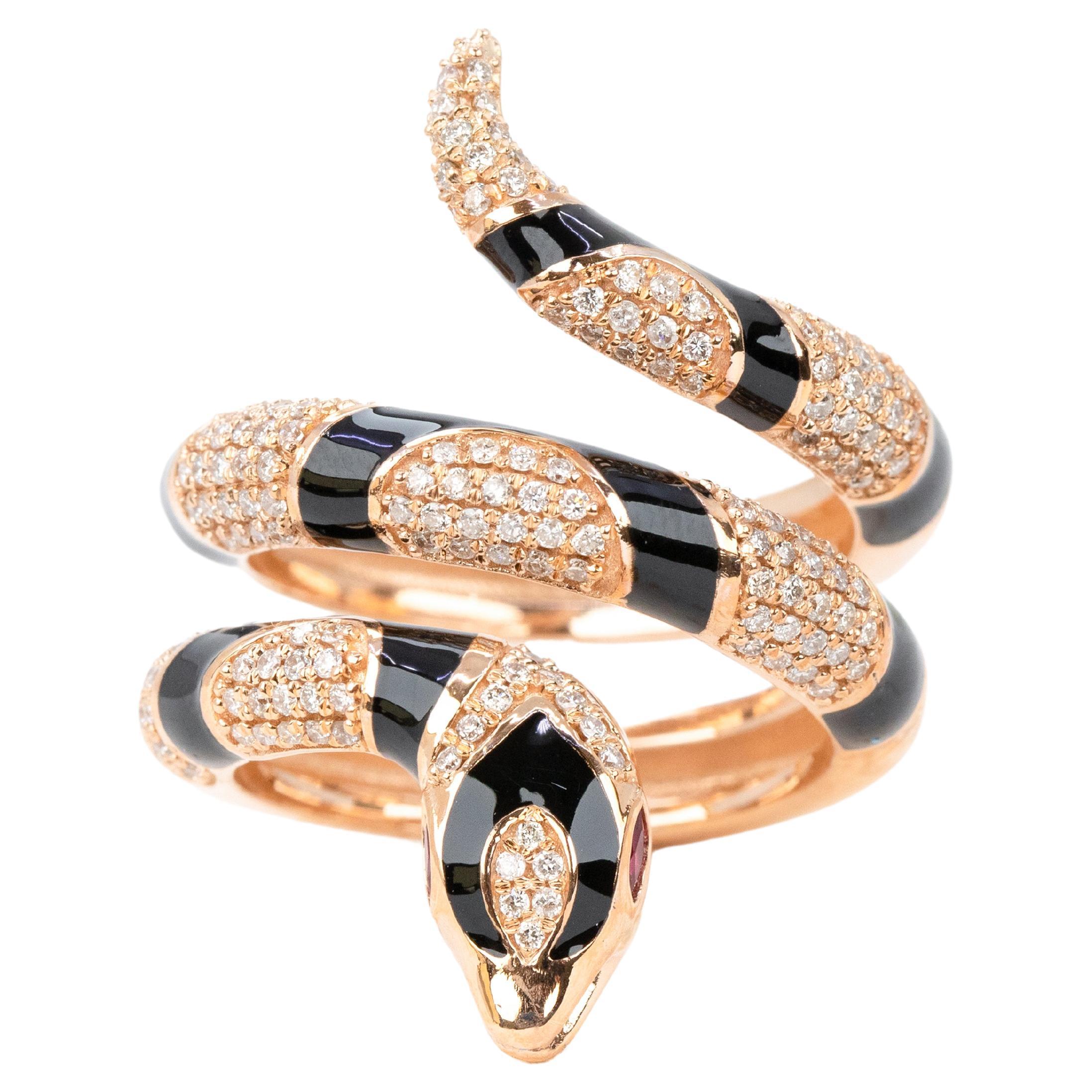 For Sale:  14K Rose Gold Ring Snake Model Black Enamel and Emerald Stone Ring