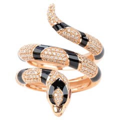 Bague en or rose 14K Modèle de serpent Bague en émail noir et pierre d'émeraude