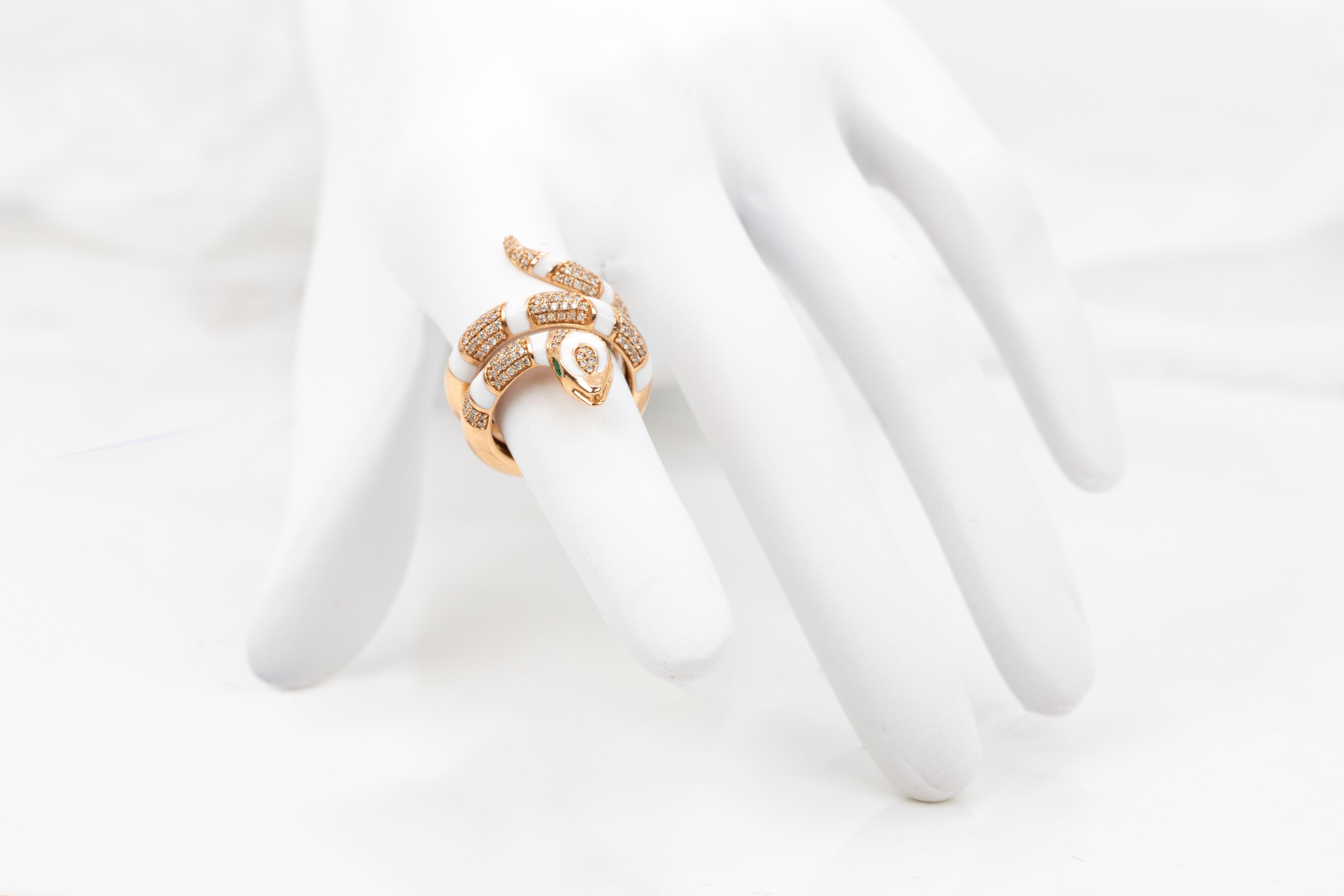 For Sale:  14K Rose Gold Ring Snake Model White Enamel and Emerald Stone Ring 10